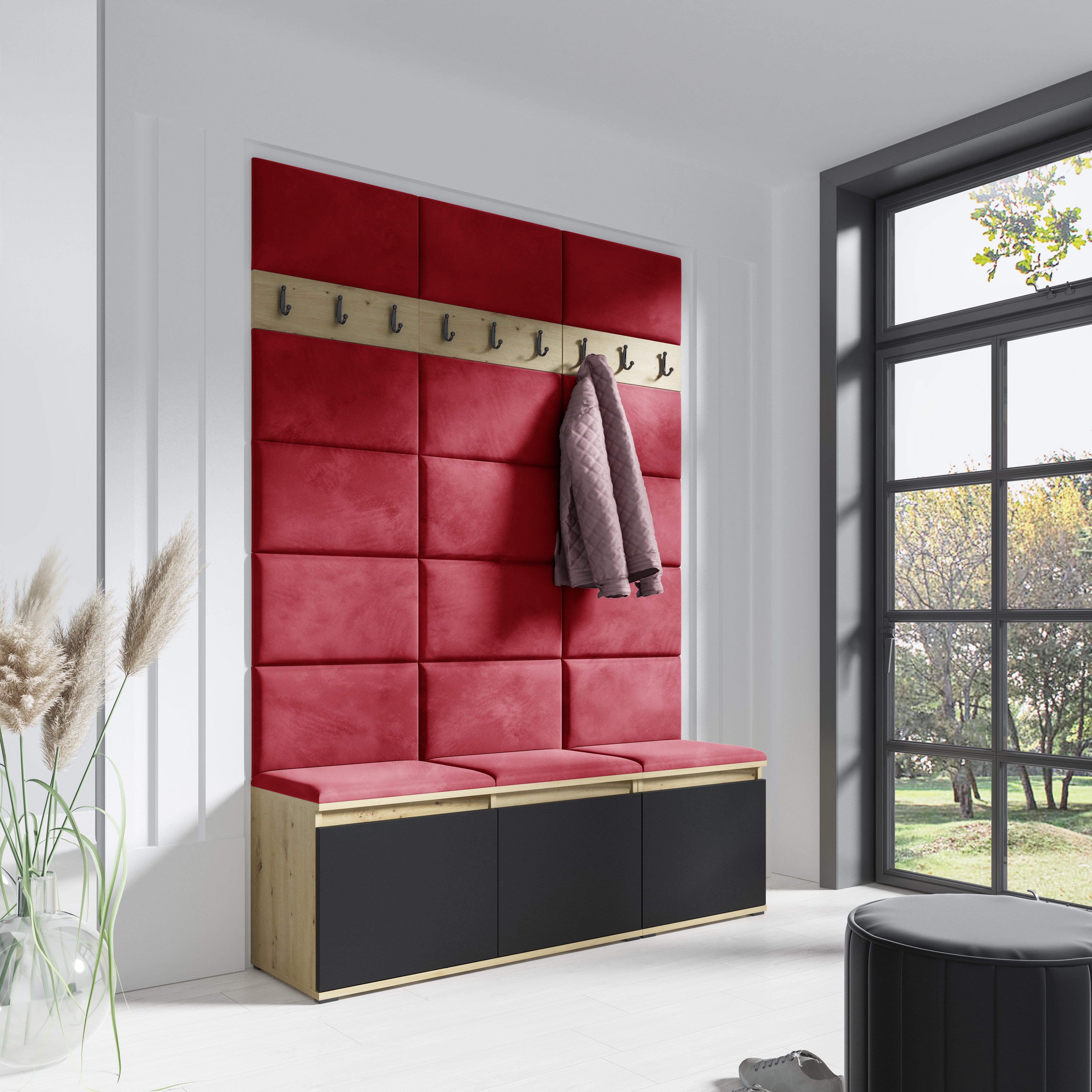 PK Emi 6 Hallway Wardrobe Artisan Oak / Black - Upholstered Panels in Various Colours