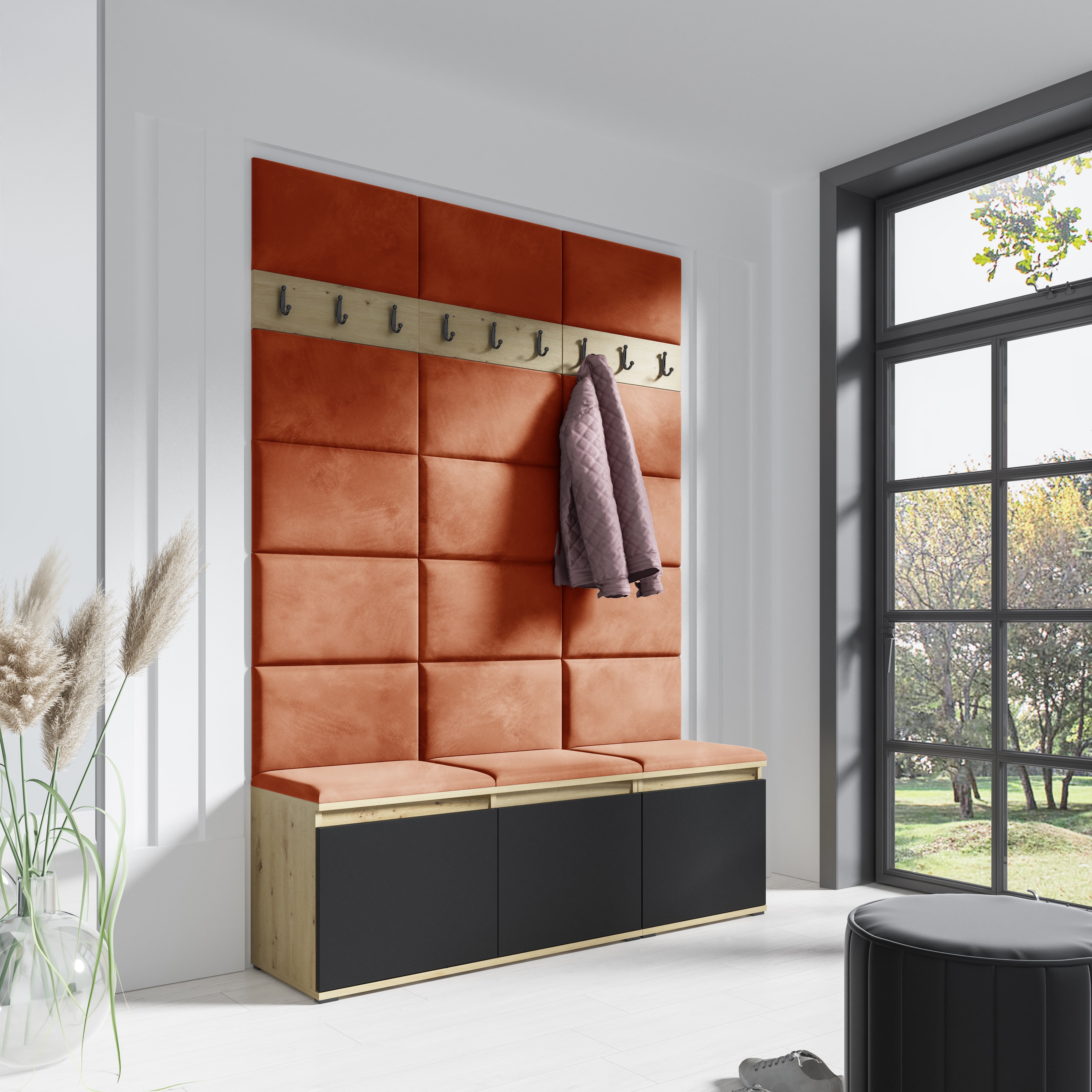 PK Emi 6 Hallway Wardrobe Artisan Oak / Black - Upholstered Panels in Various Colours