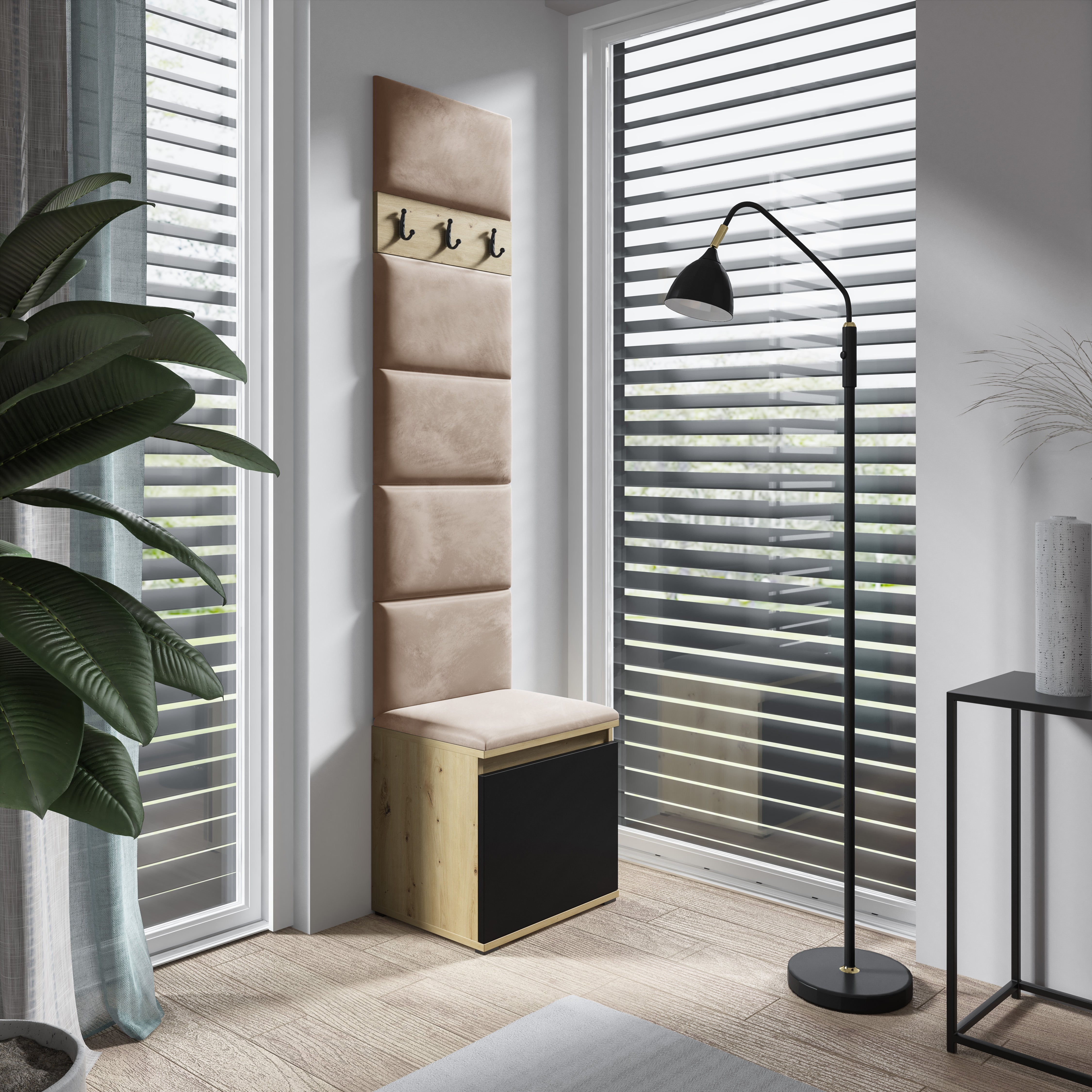 PK Emi 7 Flurgarderobe Artisan Eiche/Schwarz - Polsterpaneele in verschiedenen Farben