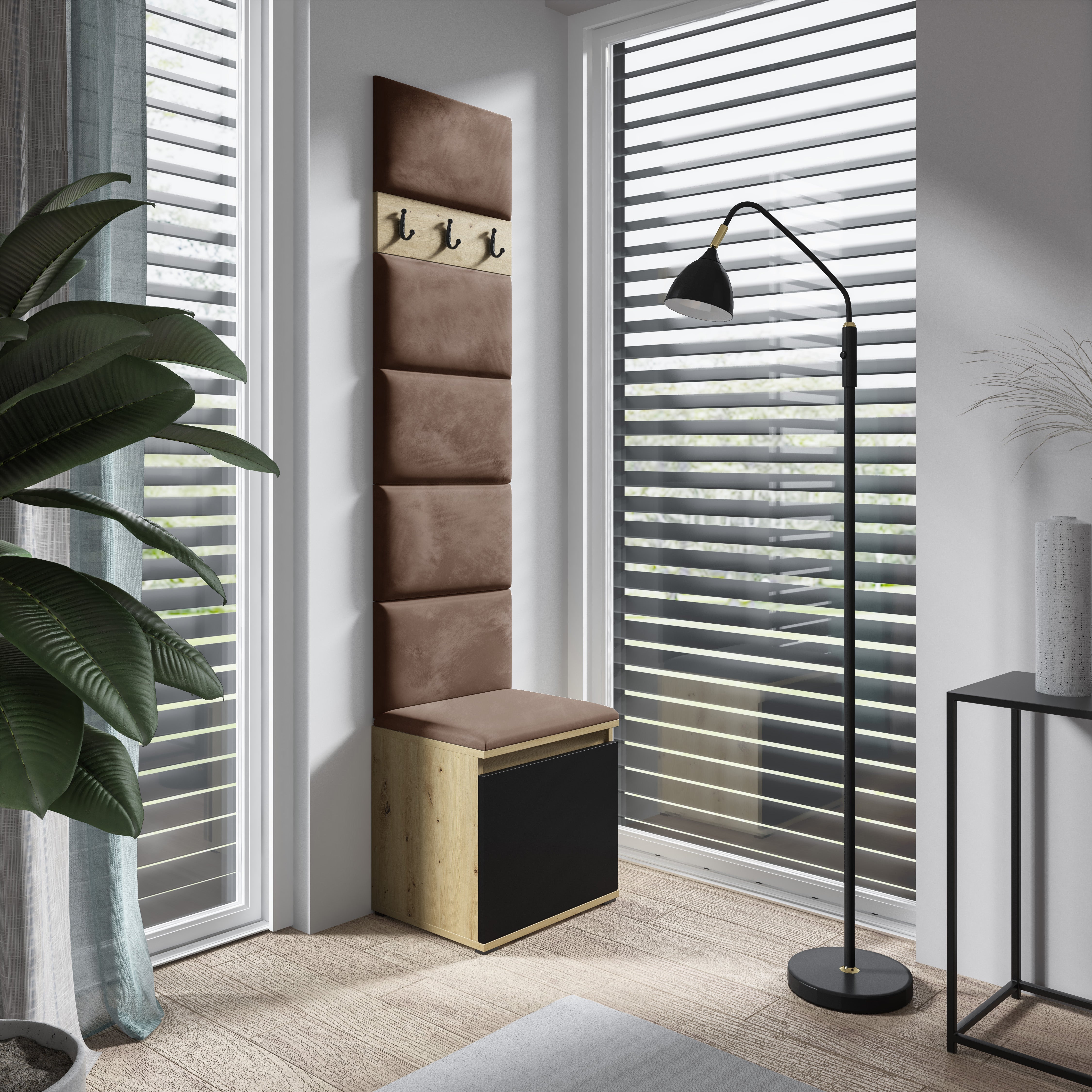 PK Emi 7 Flurgarderobe Artisan Eiche/Schwarz - Polsterpaneele in verschiedenen Farben