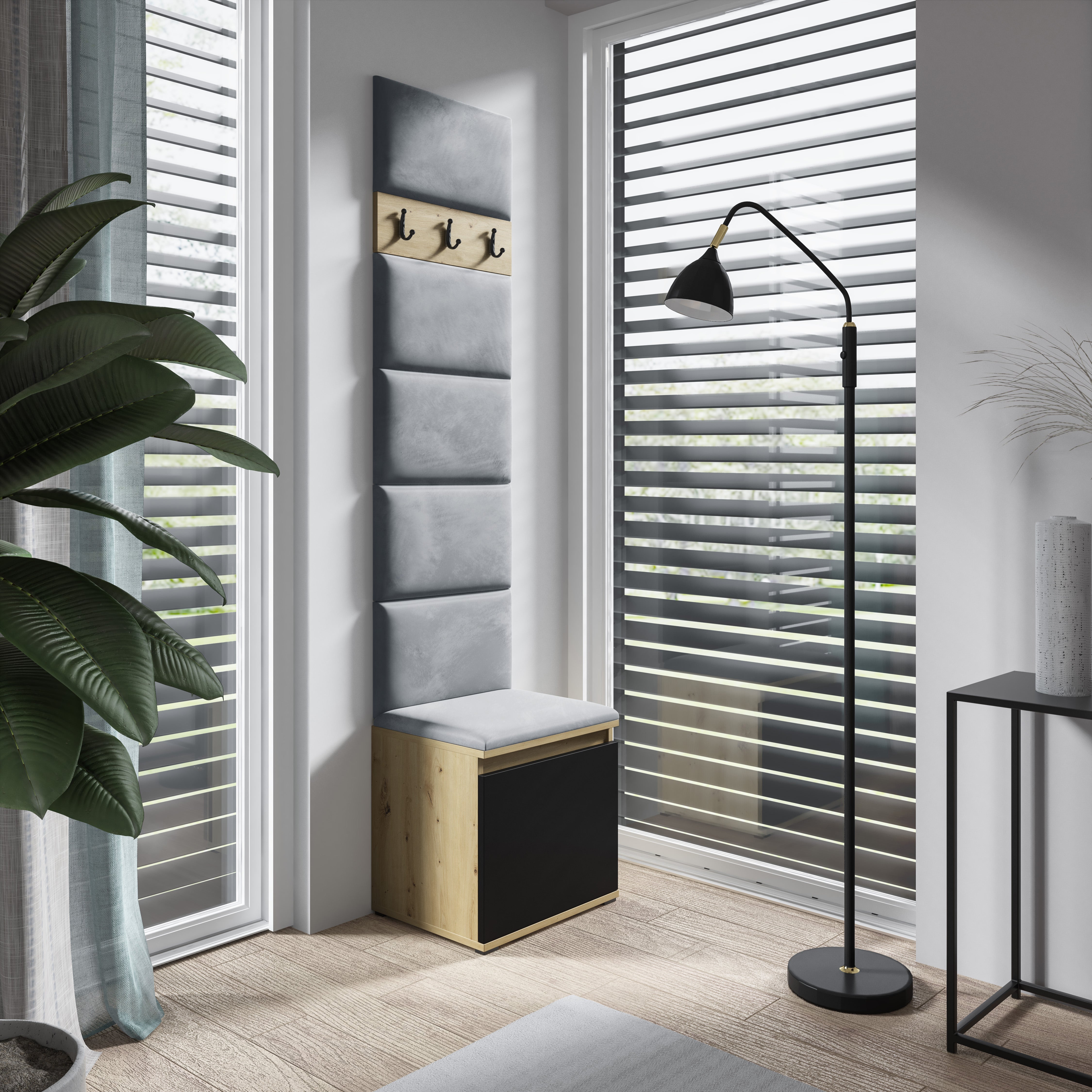 PK Emi 7 Flurgarderobe Artisan Eiche/Schwarz - Polsterpaneele in verschiedenen Farben