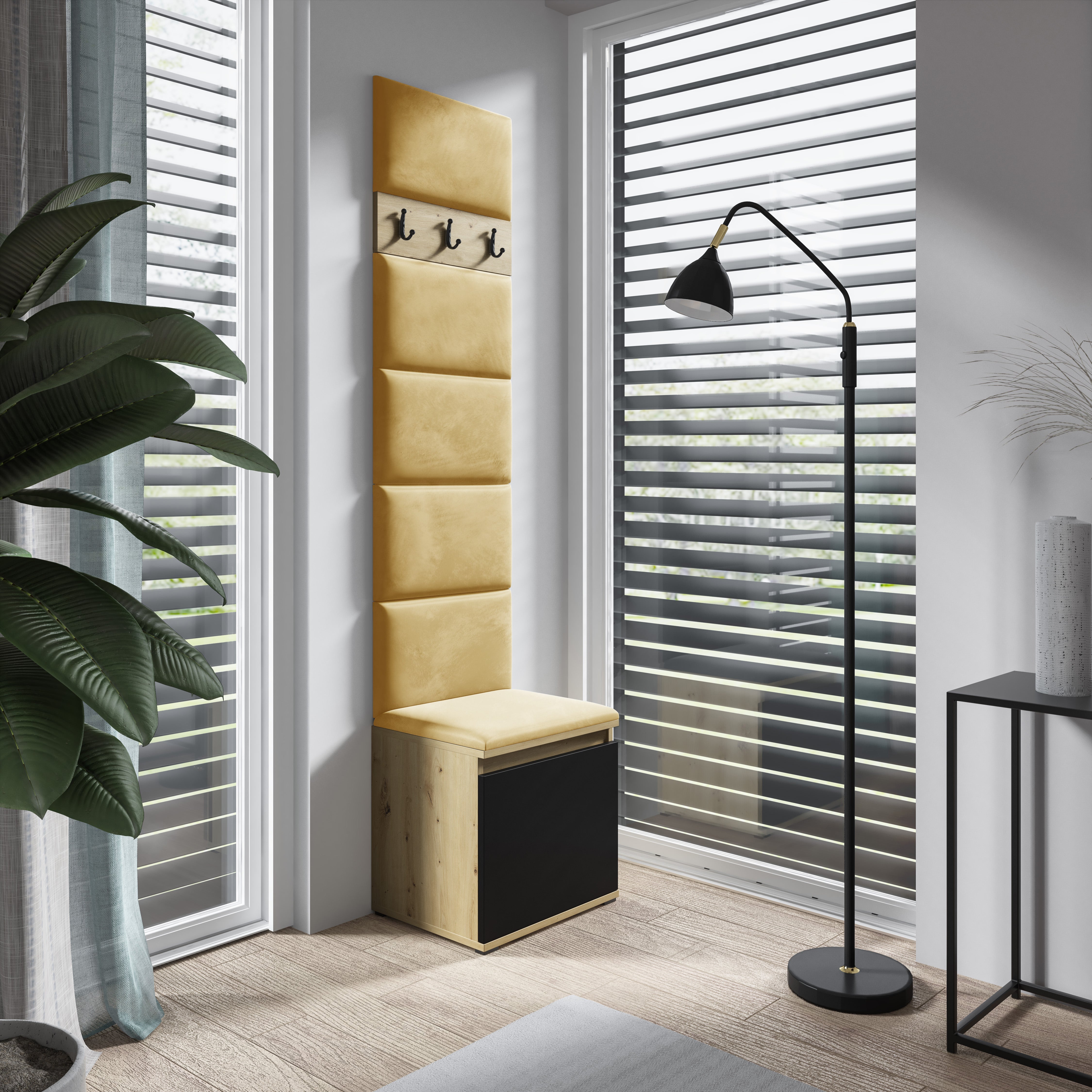 PK Emi 7 Flurgarderobe Artisan Eiche/Schwarz - Polsterpaneele in verschiedenen Farben