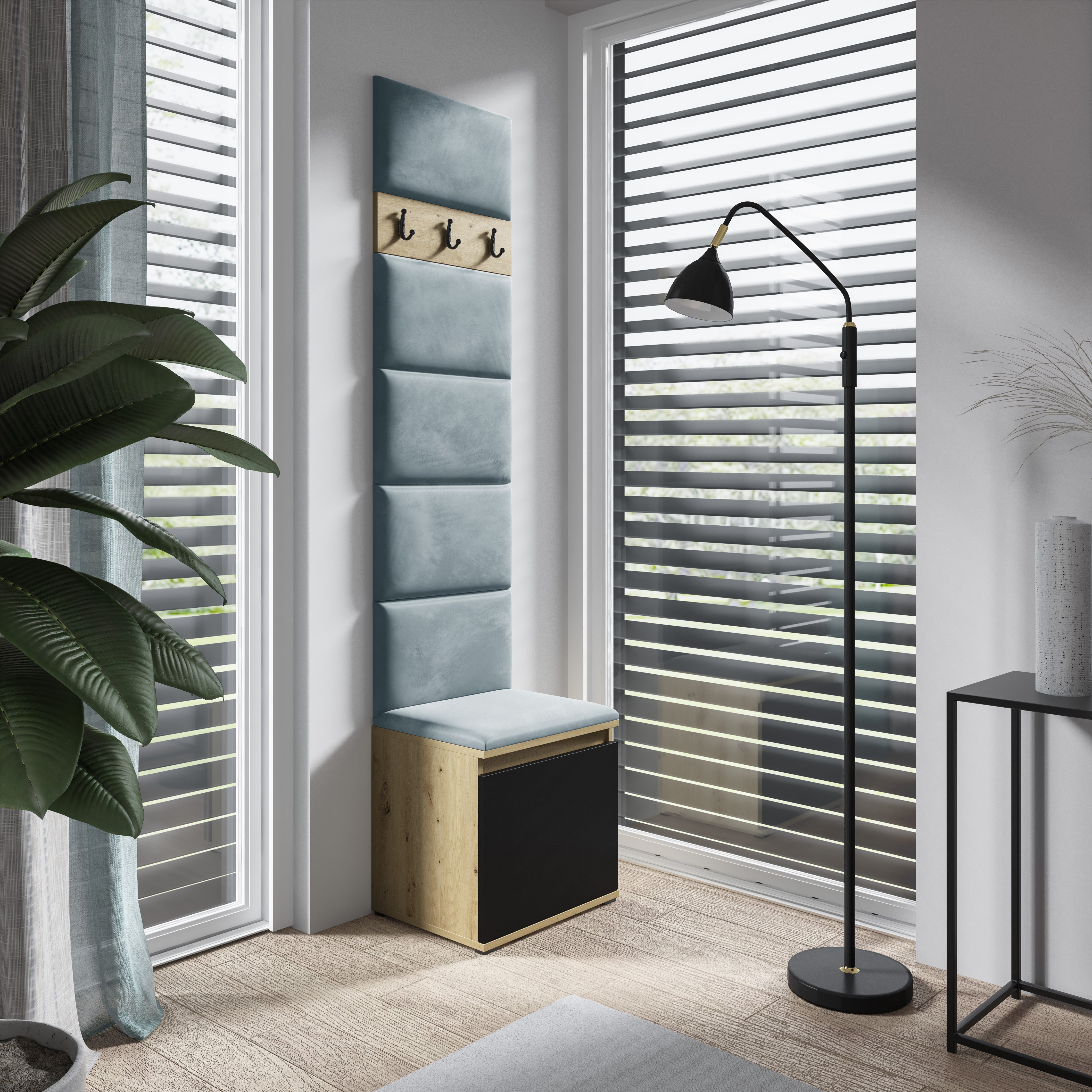 PK Emi 7 Flurgarderobe Artisan Eiche/Schwarz - Polsterpaneele in verschiedenen Farben