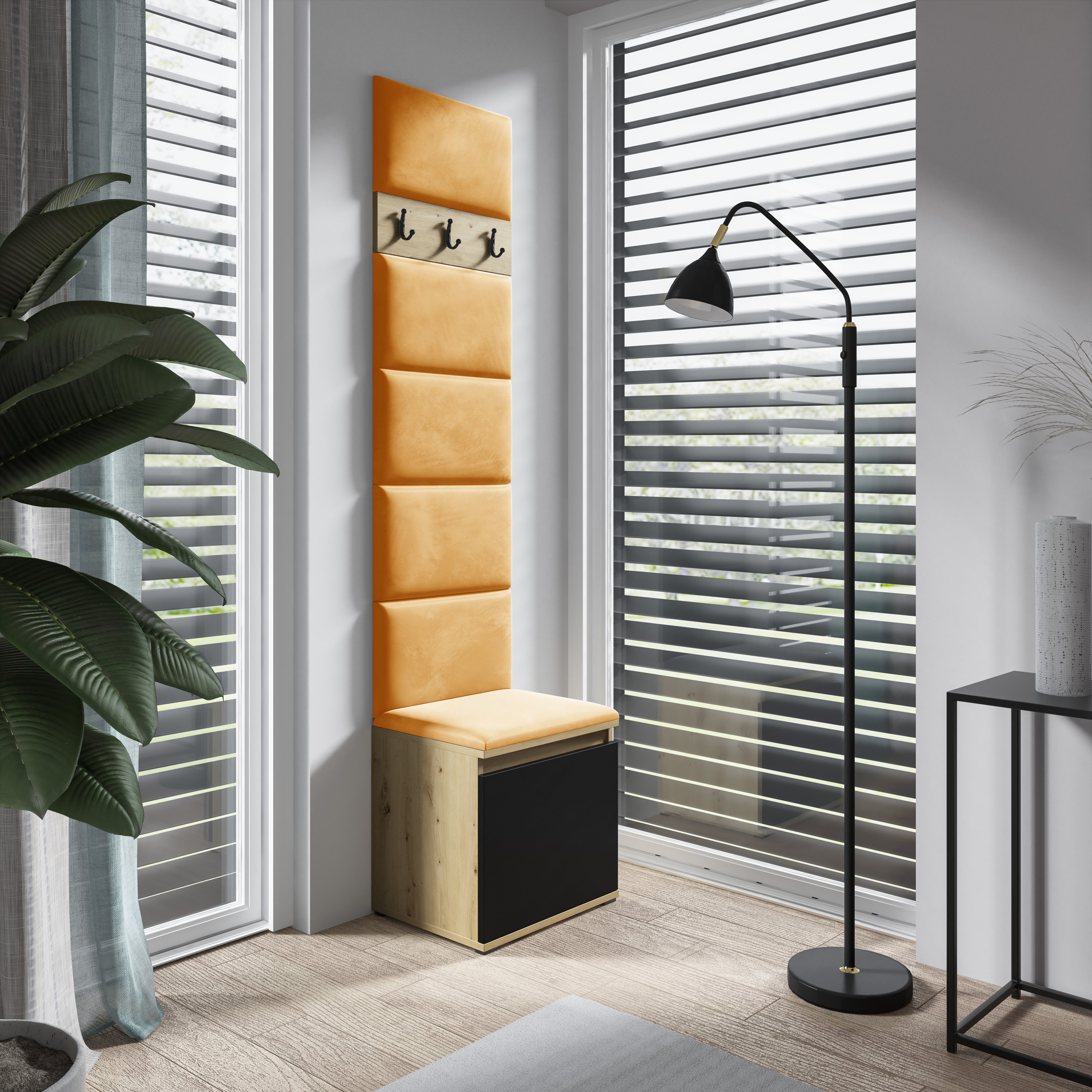 PK Emi 7 Flurgarderobe Artisan Eiche/Schwarz - Polsterpaneele in verschiedenen Farben