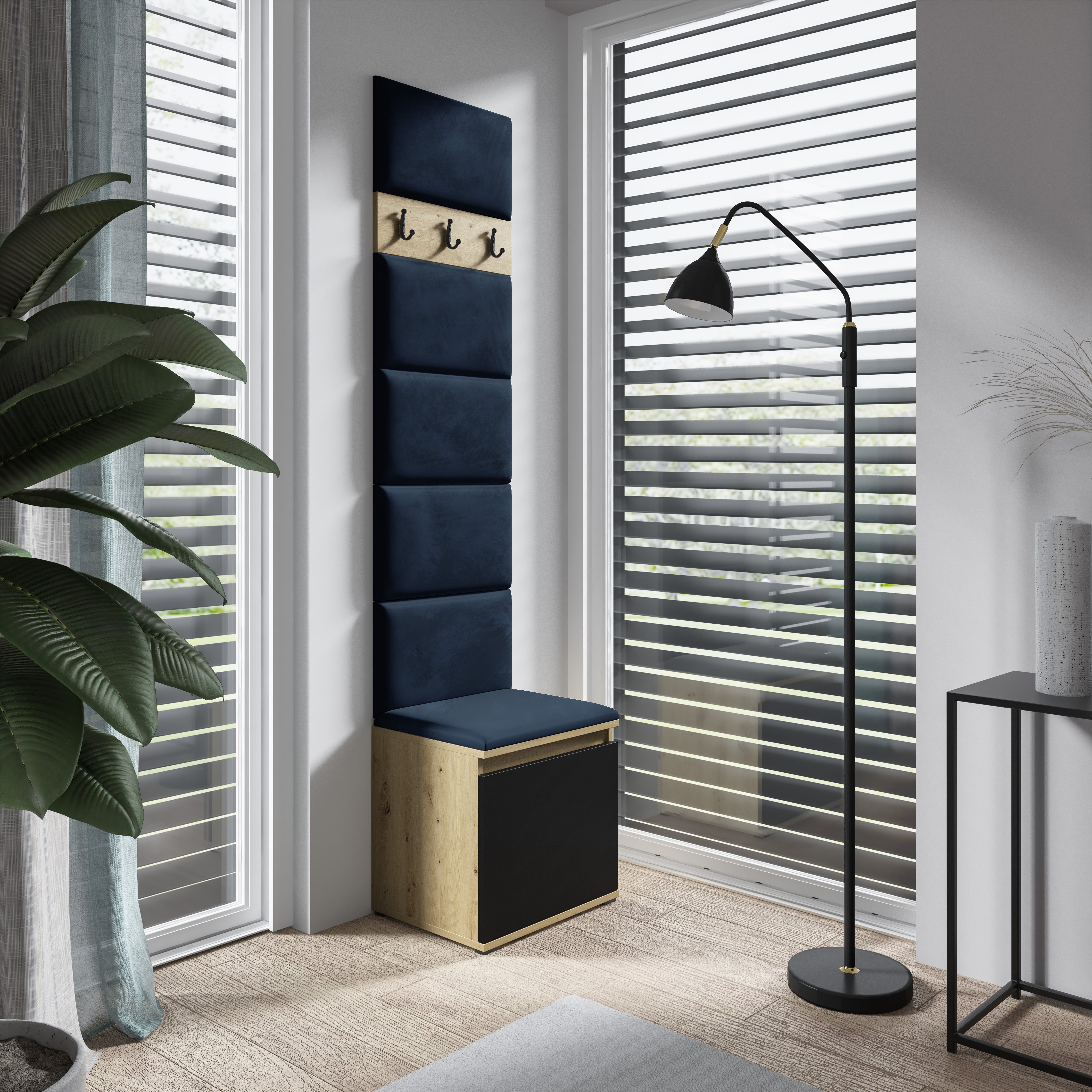 PK Emi 7 Flurgarderobe Artisan Eiche/Schwarz - Polsterpaneele in verschiedenen Farben