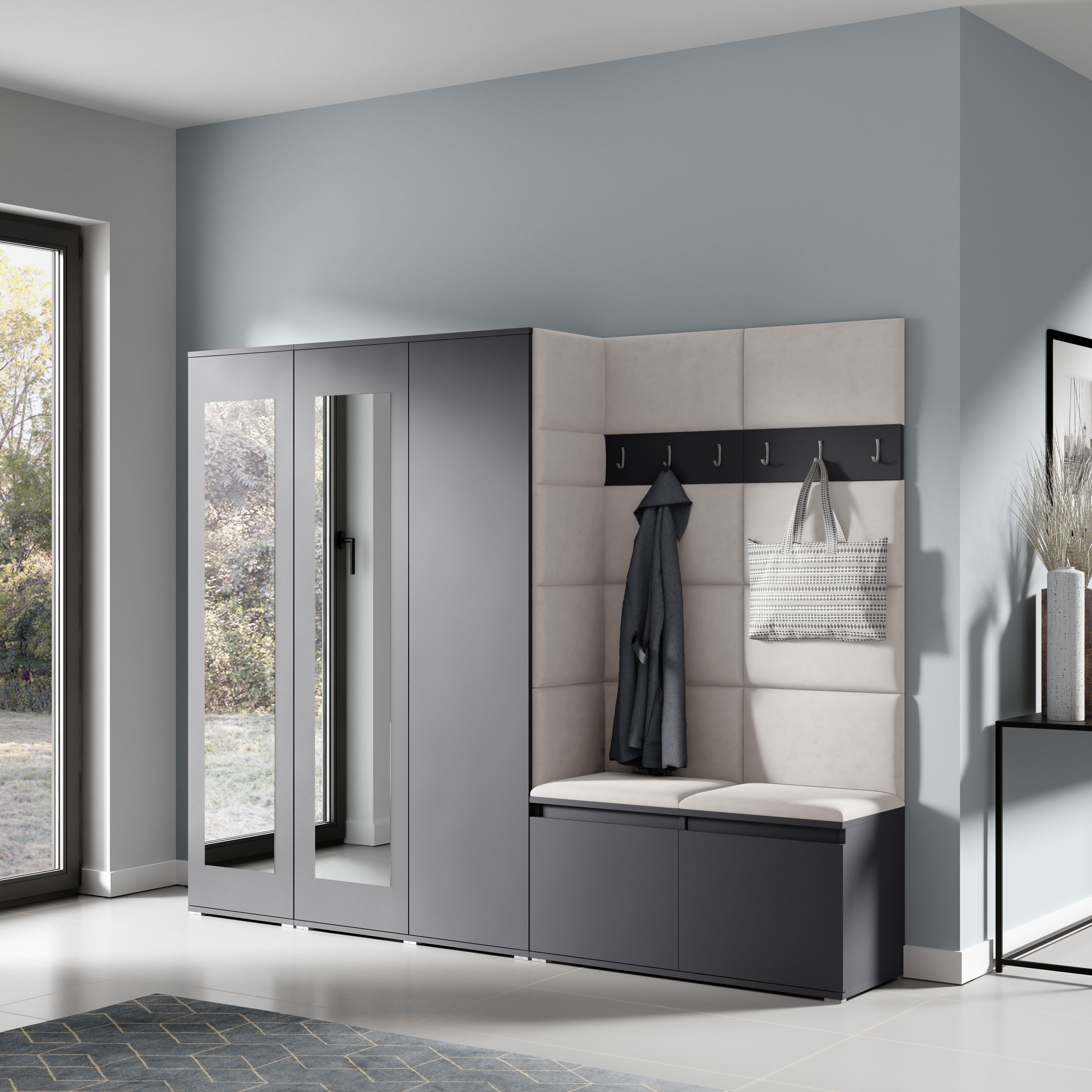 PK Emi 15 Hallway Wardrobe Graphite - Upholstered Panels in Various Colours