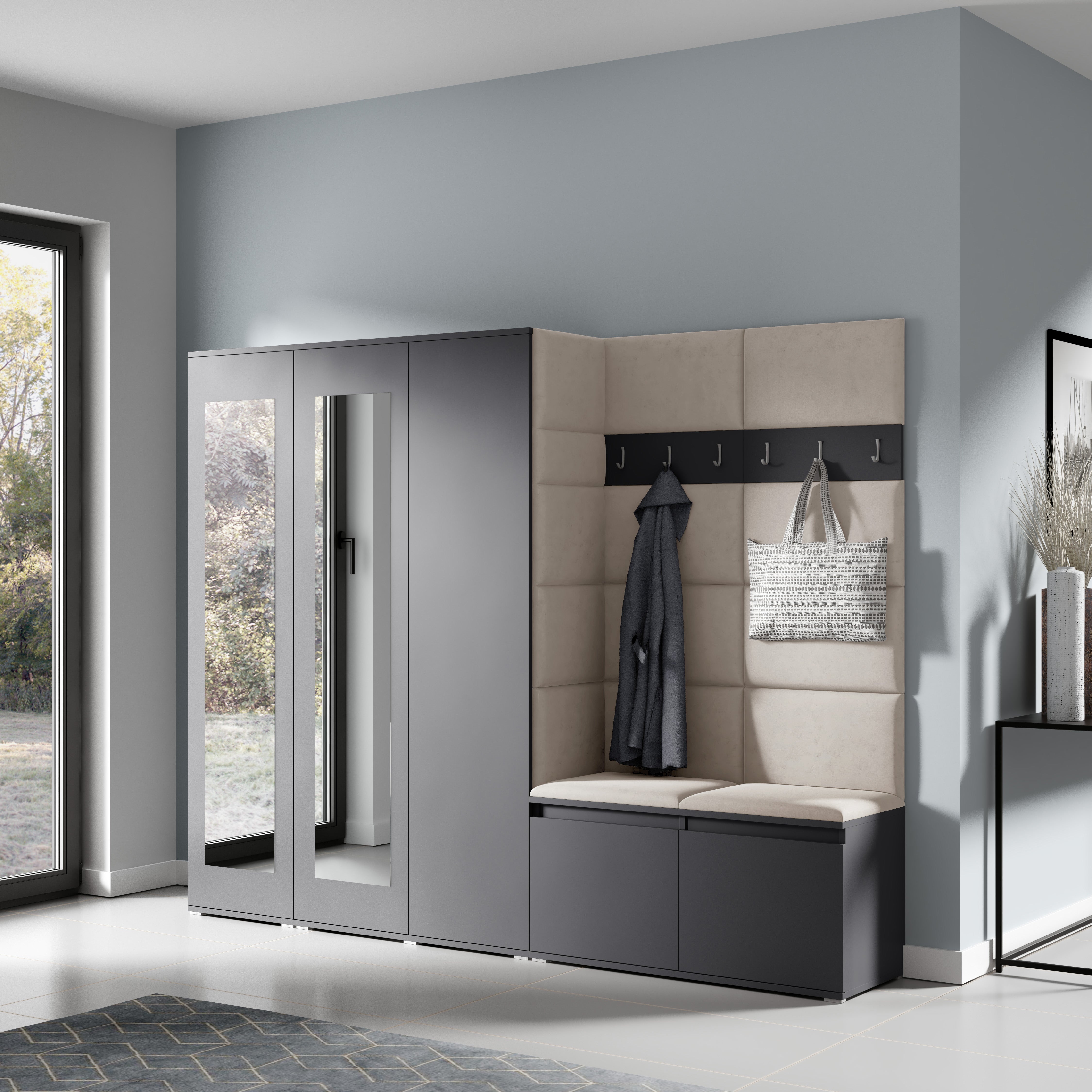 PK Emi 15 Hallway Wardrobe Graphite - Upholstered Panels in Various Colours