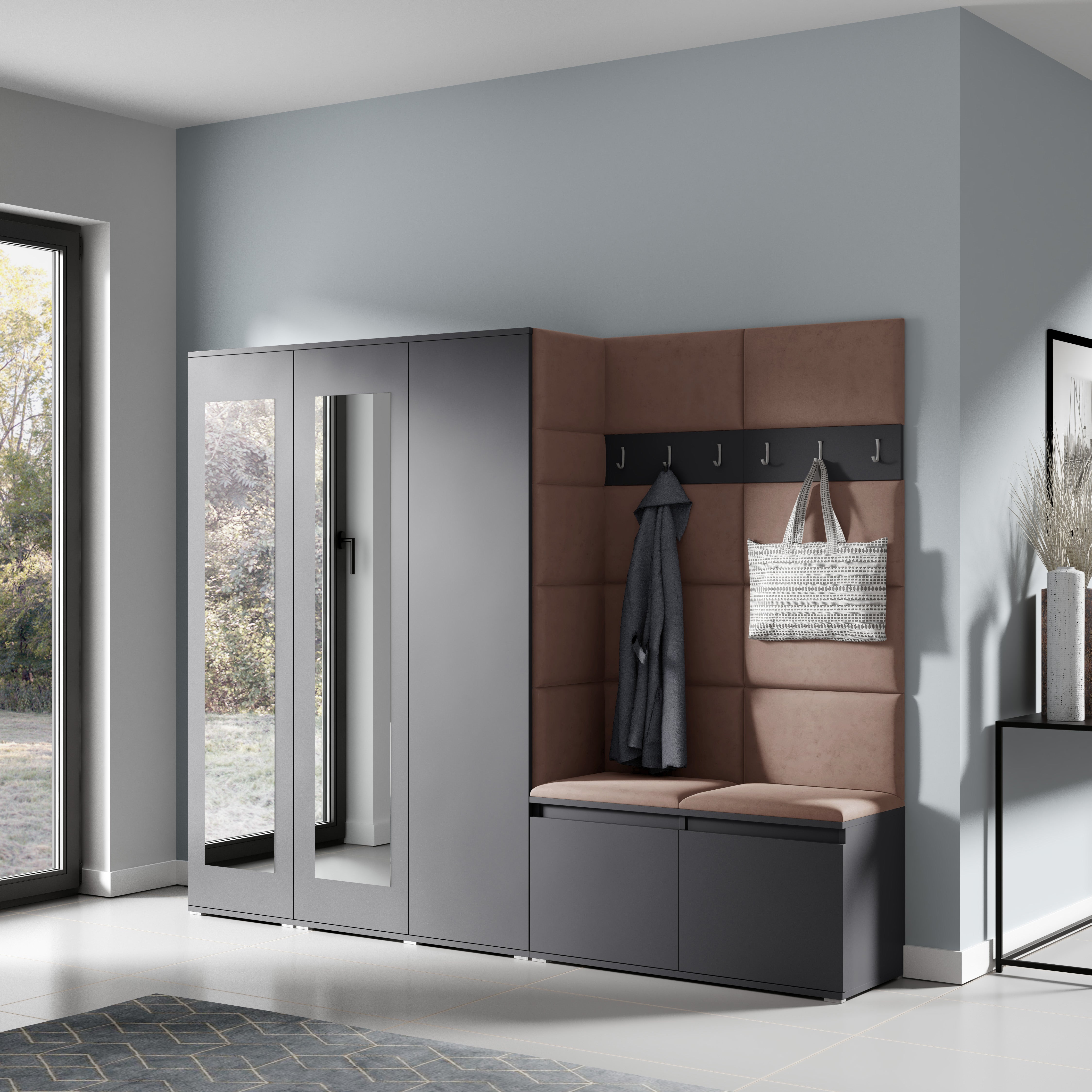 PK Emi 15 Hallway Wardrobe Graphite - Upholstered Panels in Various Colours