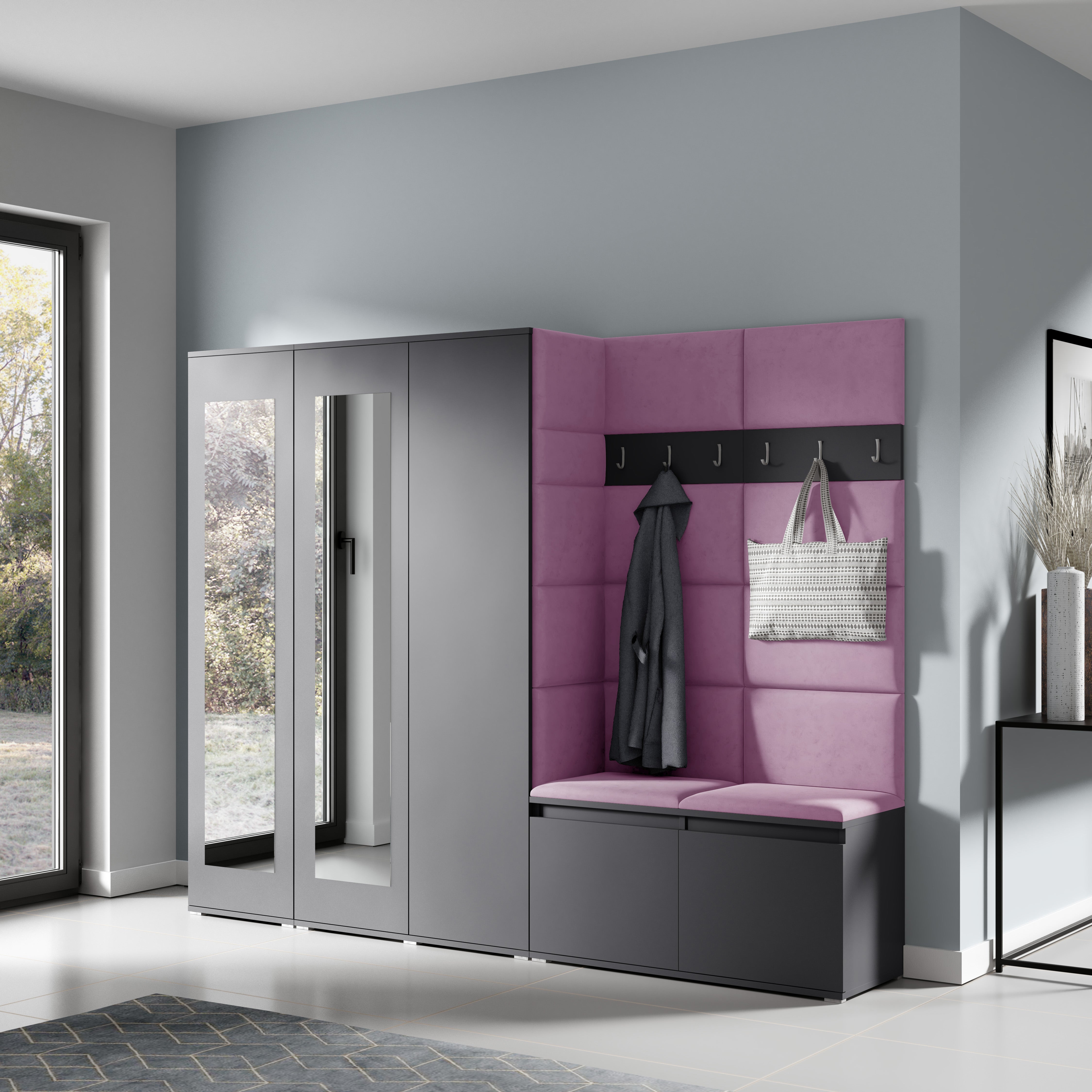 PK Emi 15 Hallway Wardrobe Graphite - Upholstered Panels in Various Colours