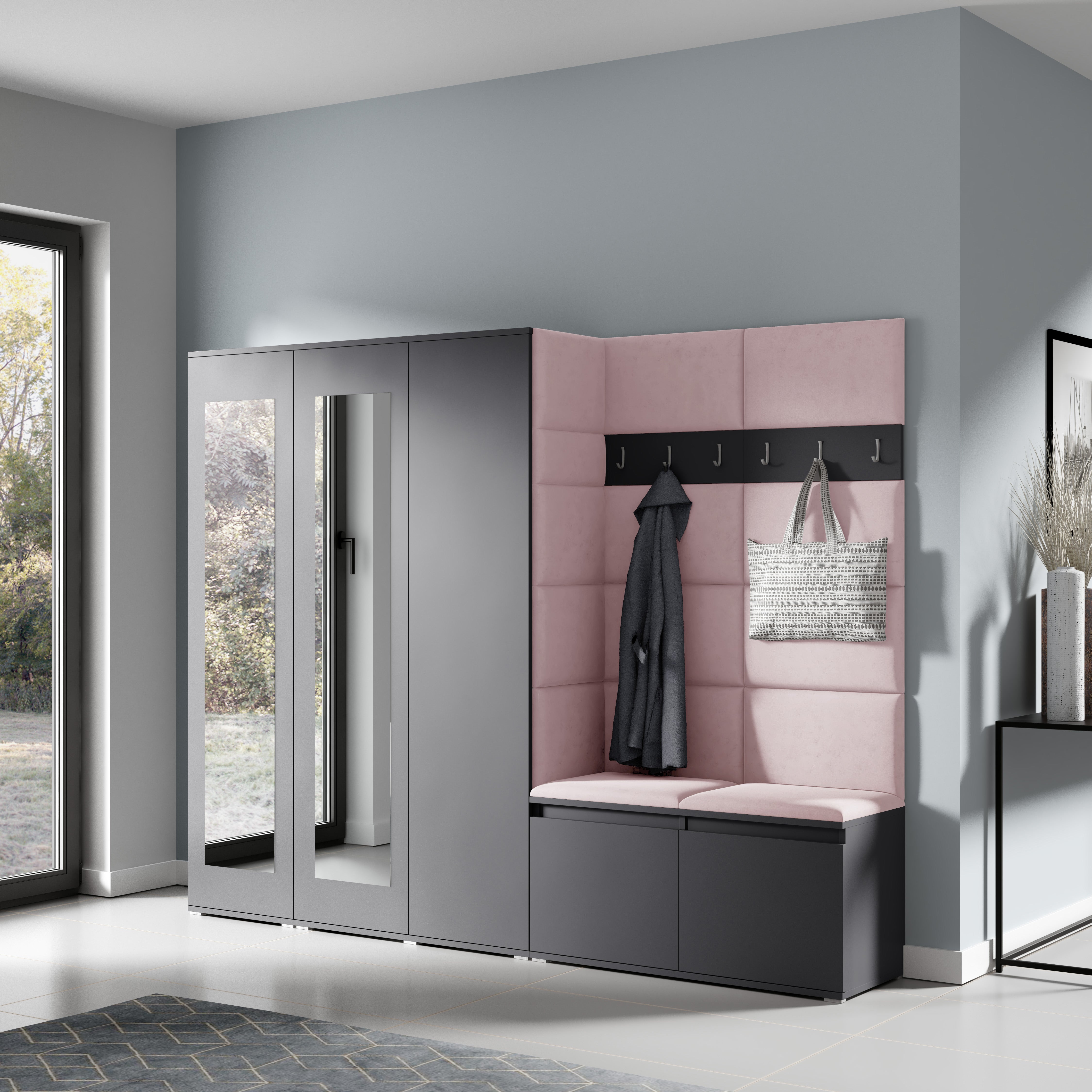 PK Emi 15 Hallway Wardrobe Graphite - Upholstered Panels in Various Colours