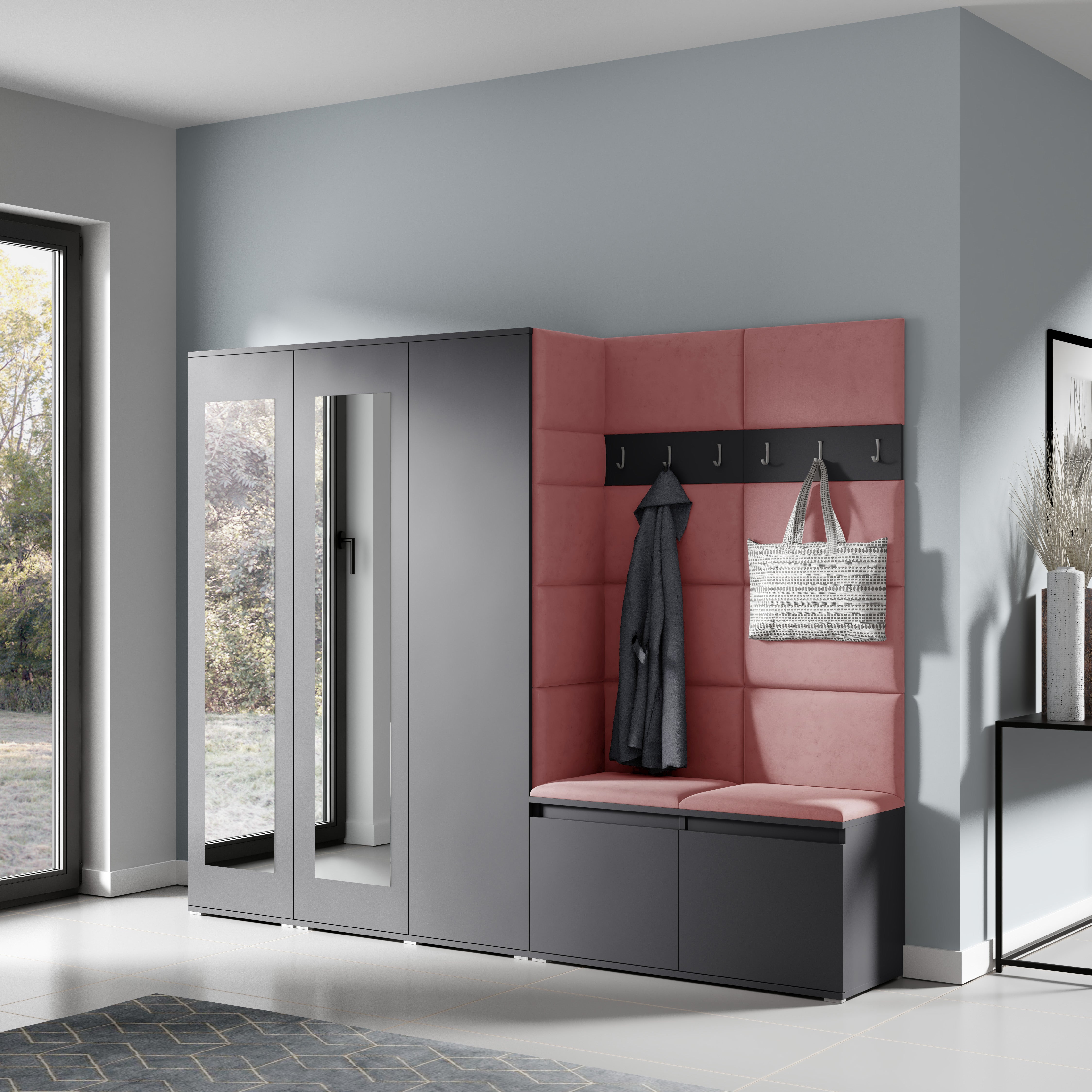 PK Emi 15 Hallway Wardrobe Graphite - Upholstered Panels in Various Colours