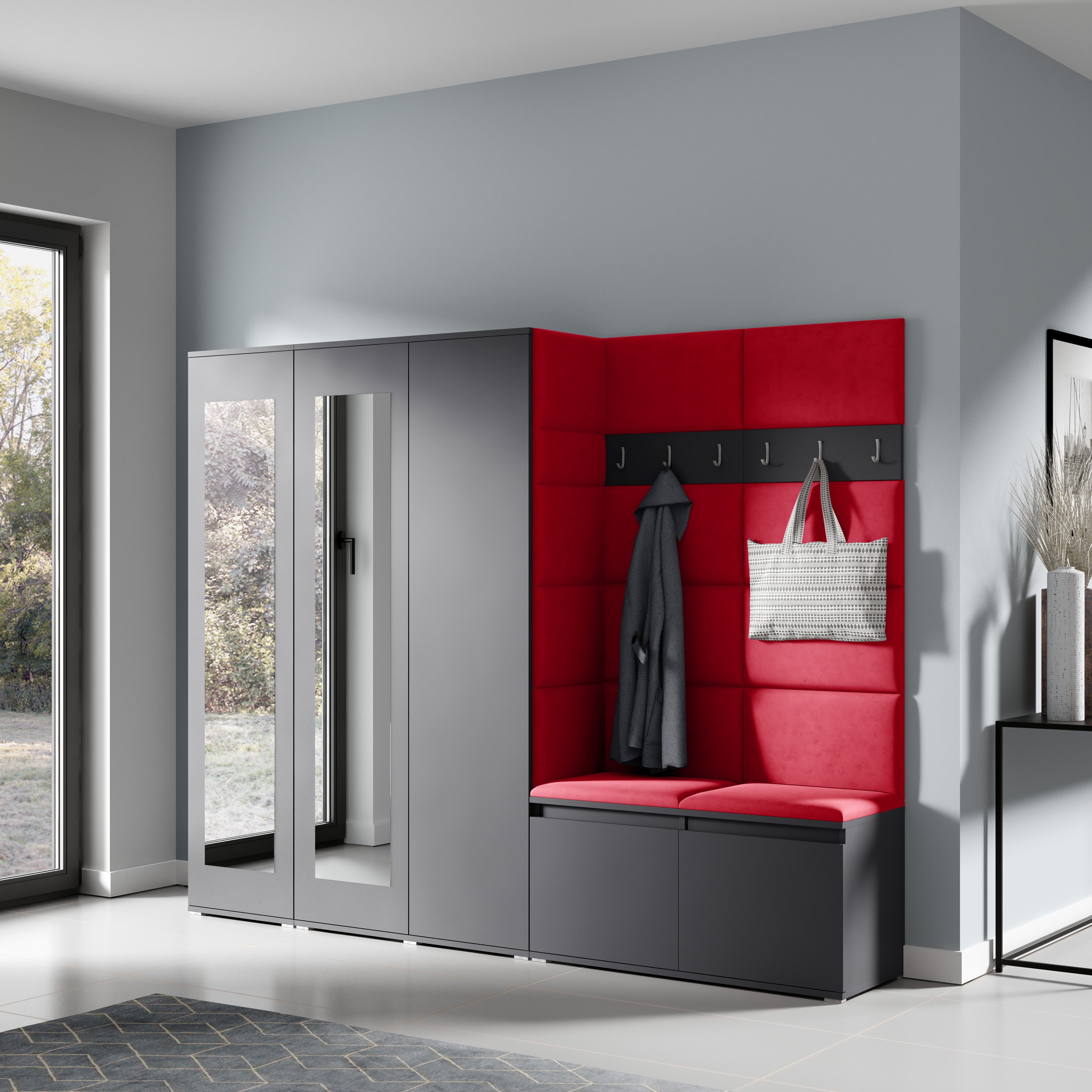 PK Emi 15 Hallway Wardrobe Graphite - Upholstered Panels in Various Colours