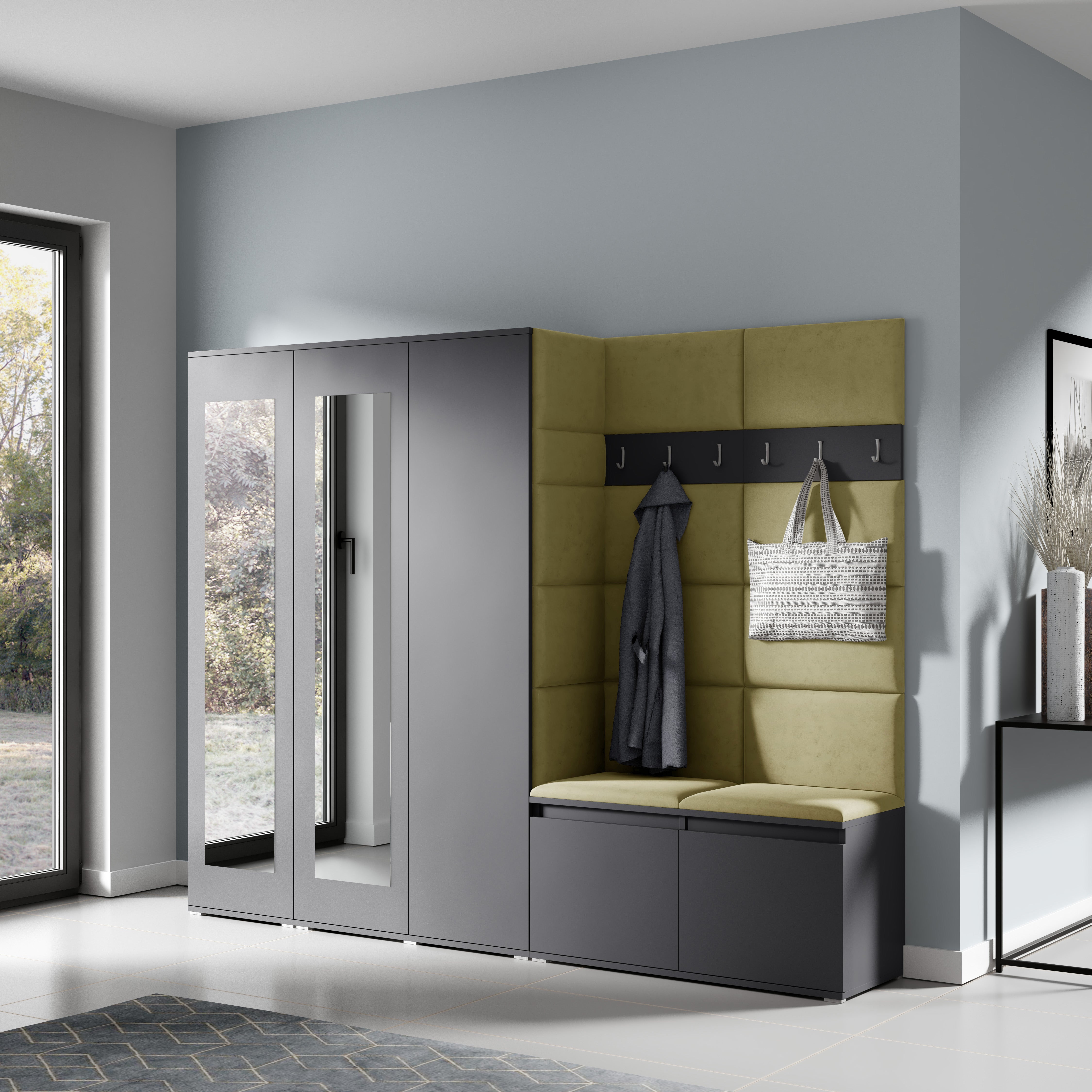 PK Emi 15 Hallway Wardrobe Graphite - Upholstered Panels in Various Colours