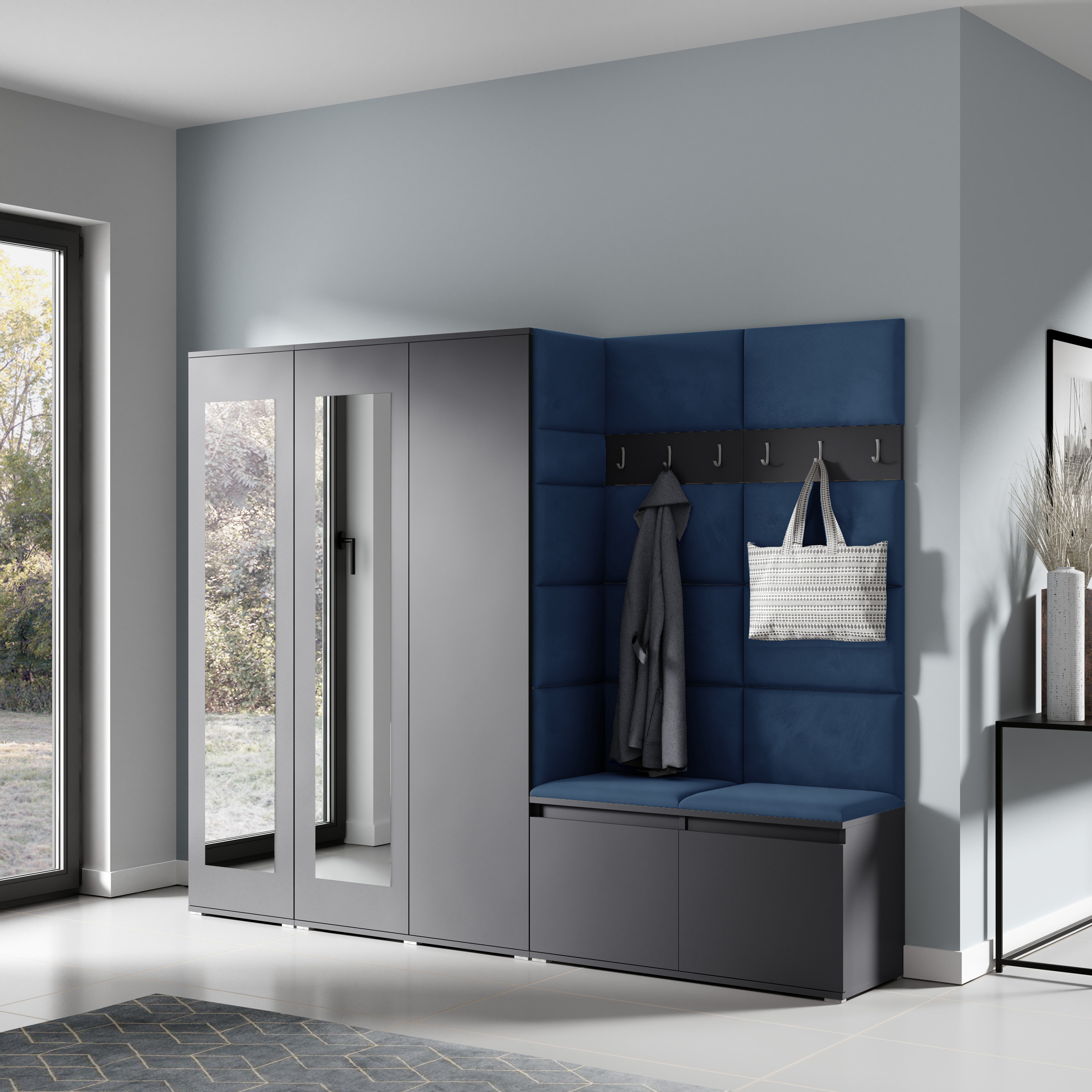 PK Emi 15 Hallway Wardrobe Graphite - Upholstered Panels in Various Colours