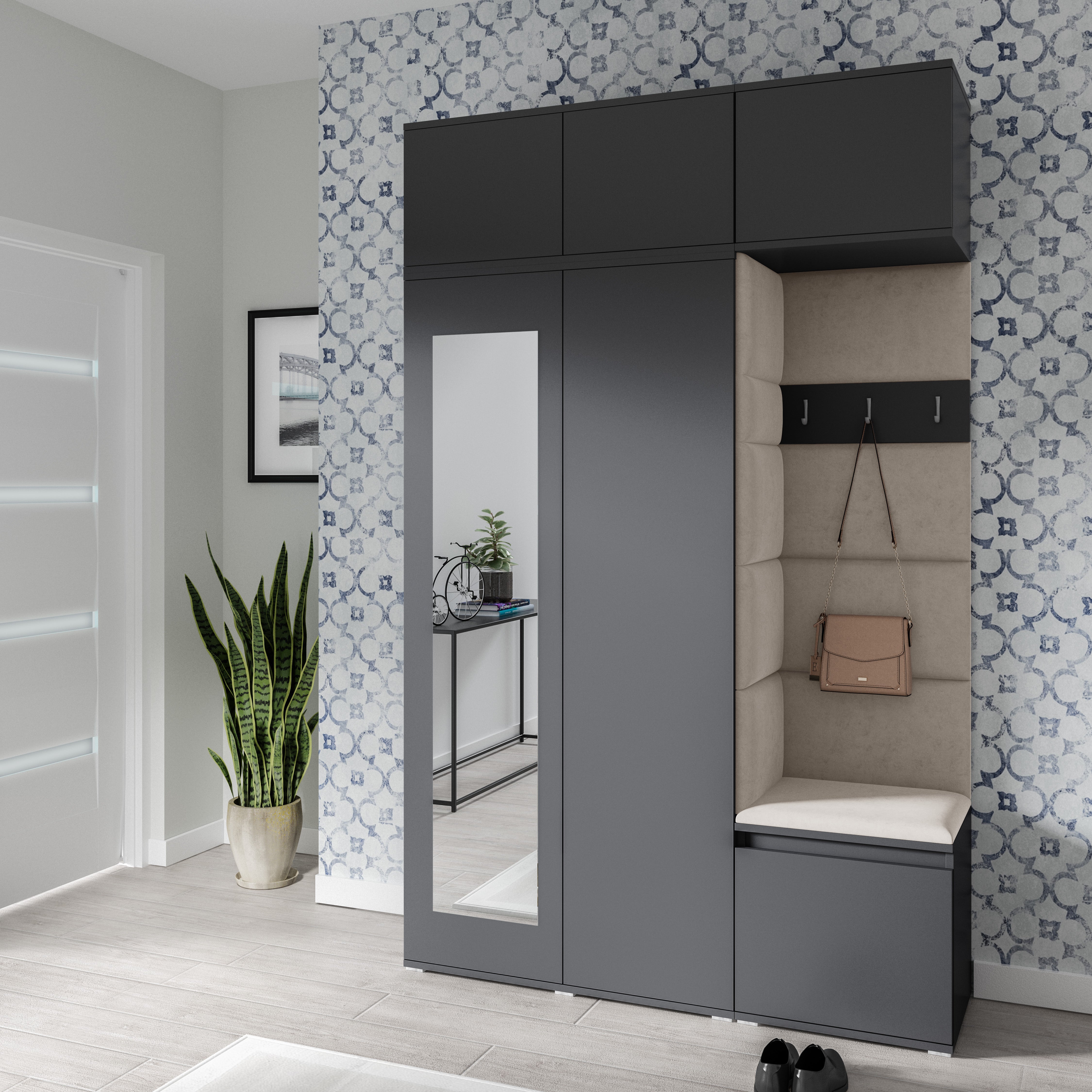 PK Emi 18 Hallway Wardrobe Graphite - Upholstered Panels in Various Colours