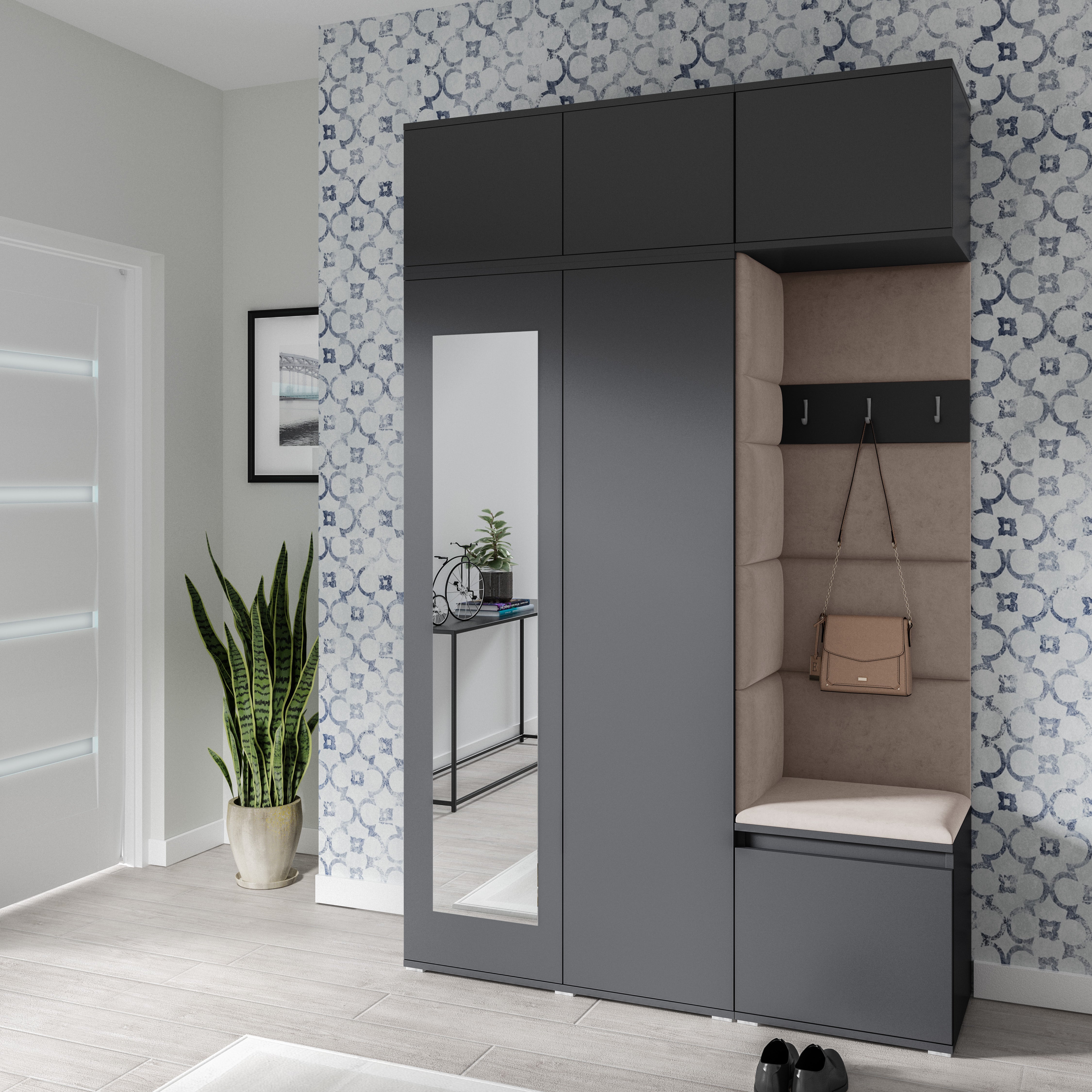 PK Emi 18 Hallway Wardrobe Graphite - Upholstered Panels in Various Colours