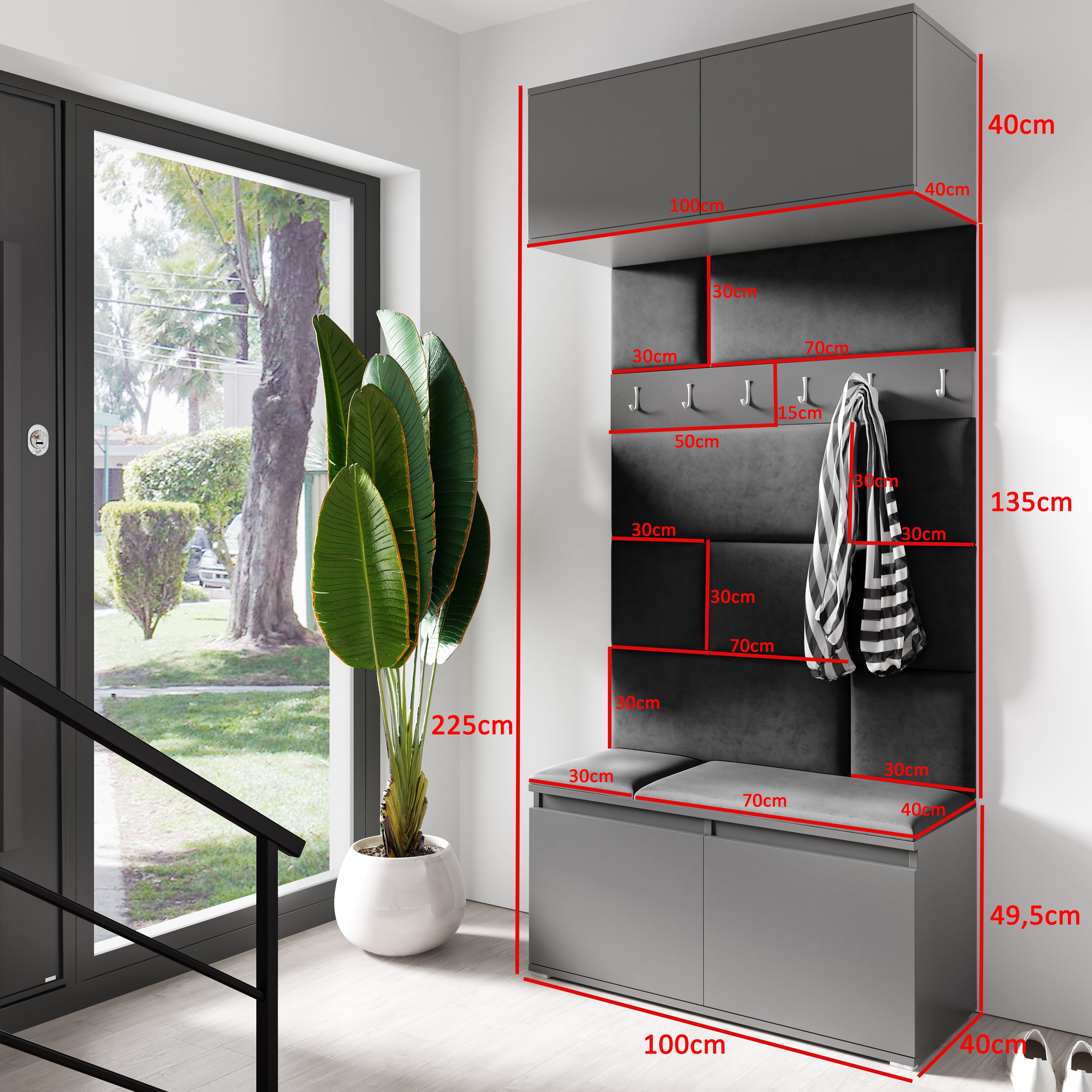 PK Emi 23 Hallway Wardrobe Graphite - Upholstered Panels in Various Colours