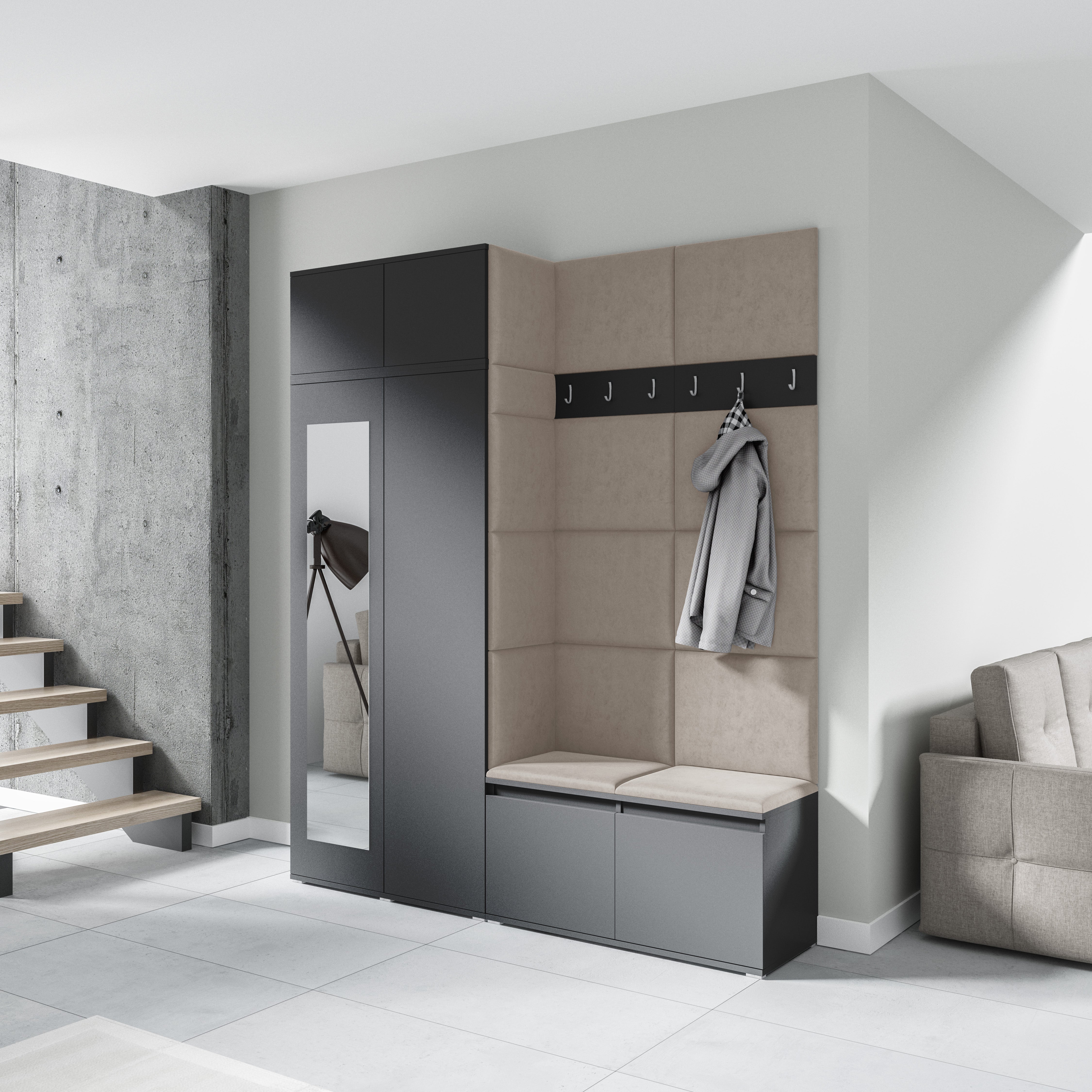 PK Emi 19 Flurschrank Graphit - Gepolsterte Paneele in verschiedenen Farben