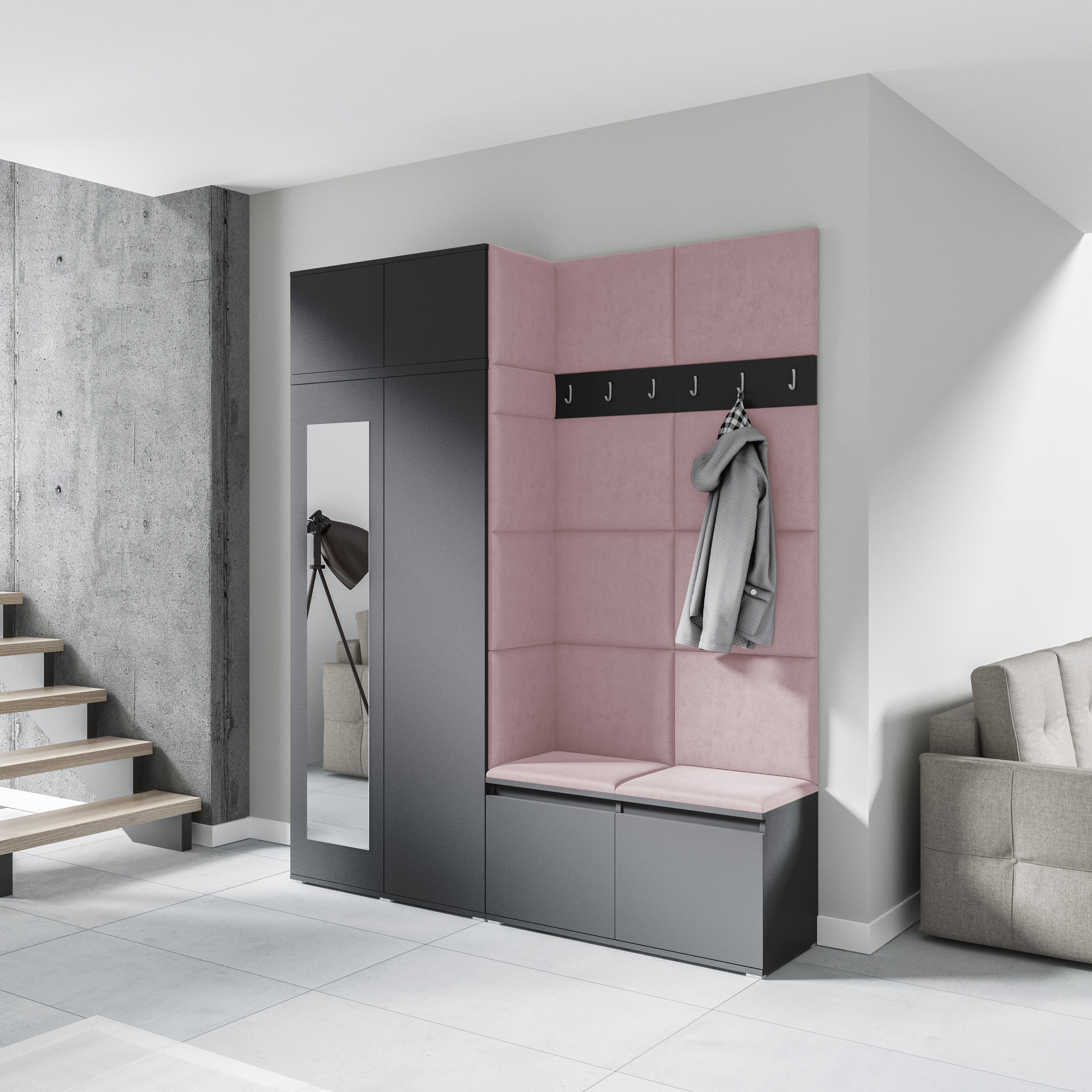 PK Emi 19 Flurschrank Graphit - Gepolsterte Paneele in verschiedenen Farben