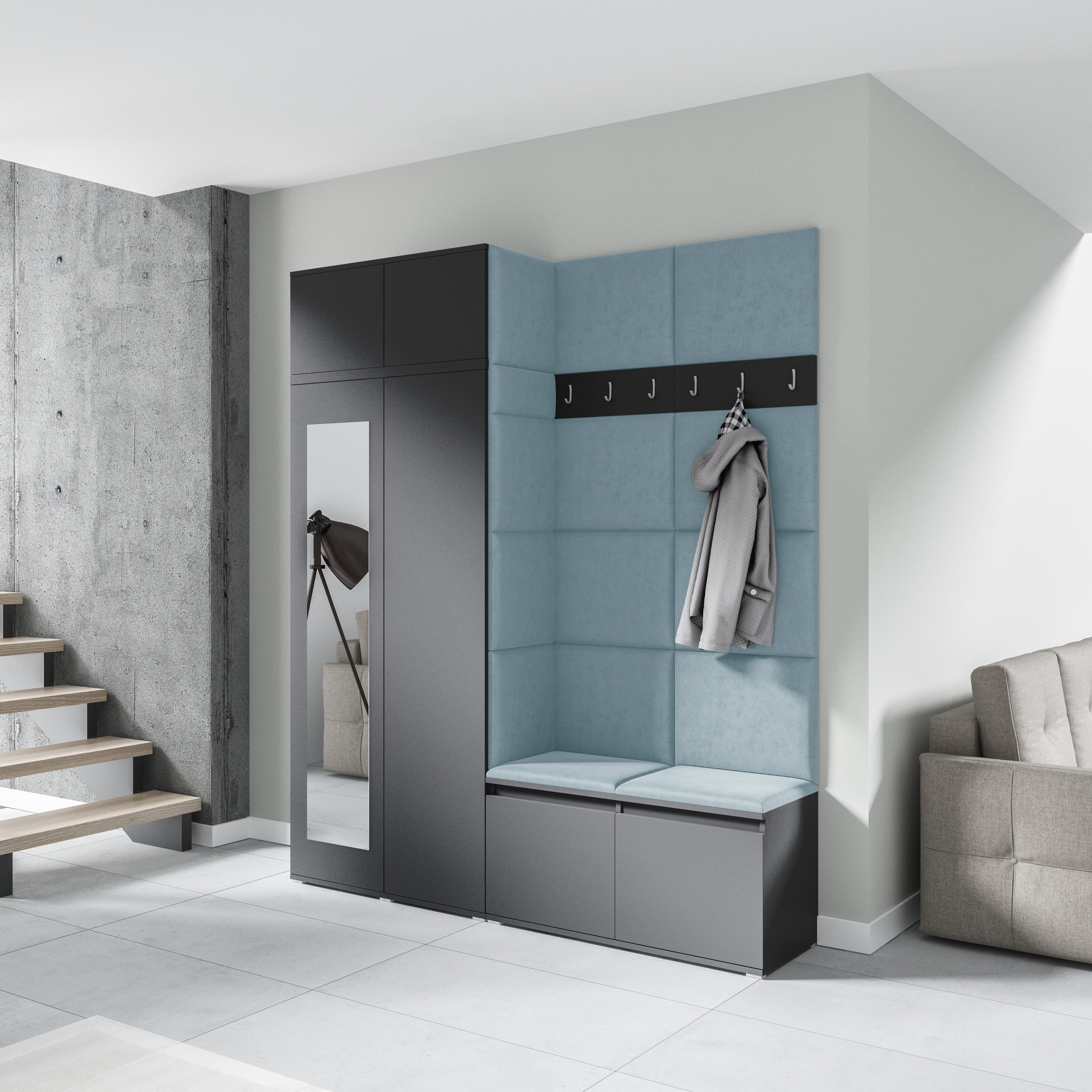 PK Emi 19 Flurschrank Graphit - Gepolsterte Paneele in verschiedenen Farben