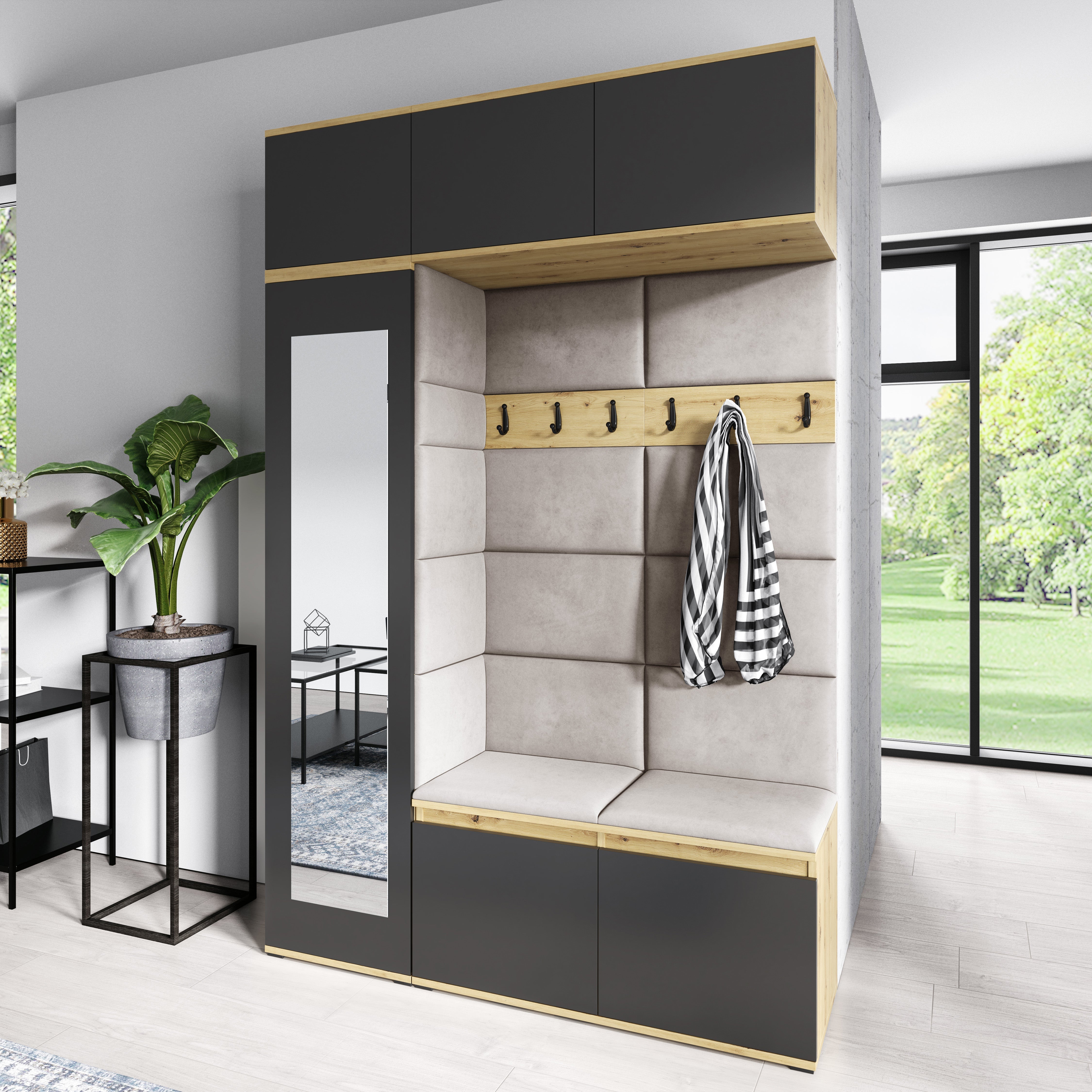 PK Emi 21 Hallway Wardrobe Artisan Oak / Black - Upholstered Panels in Various Colours