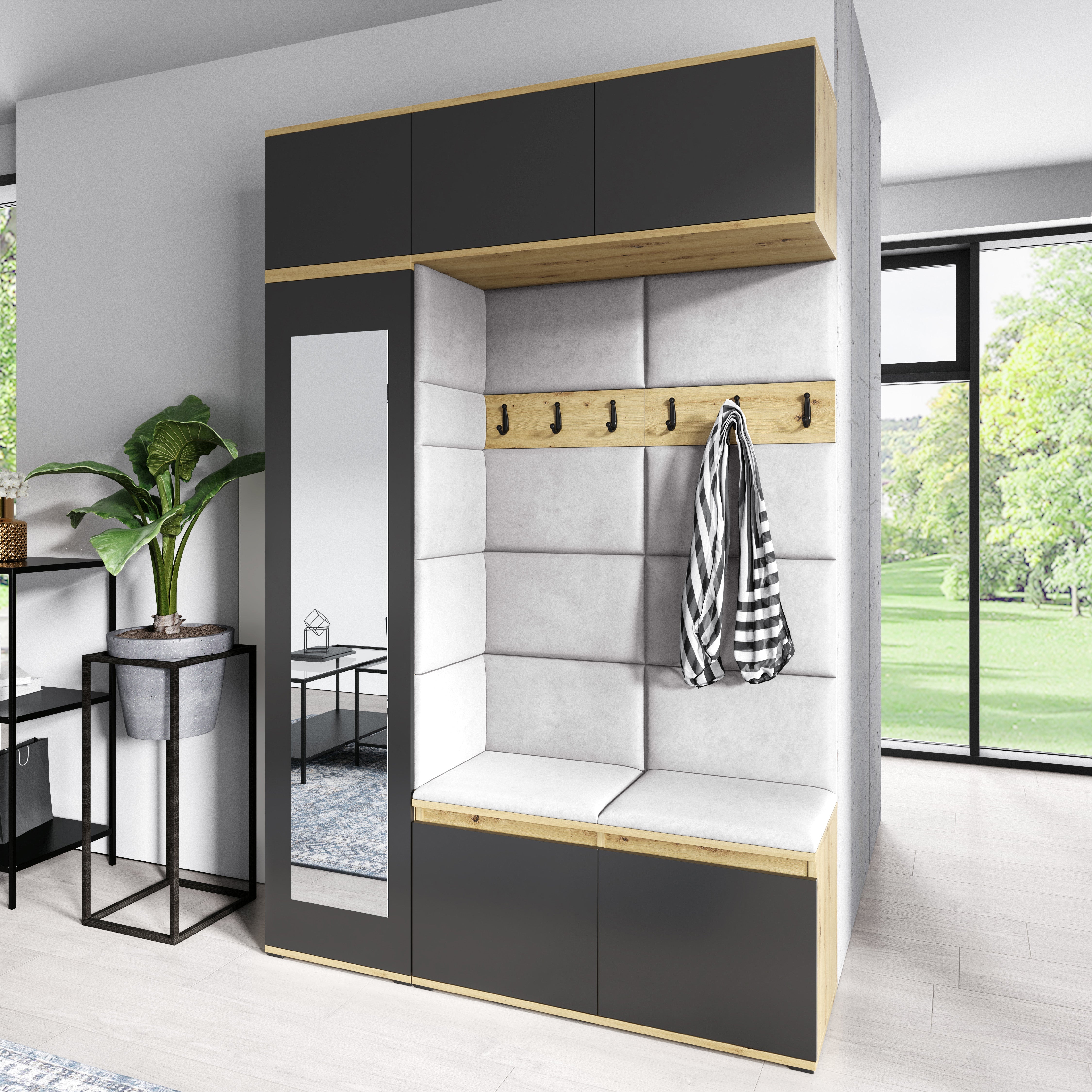 PK Emi 21 Hallway Wardrobe Artisan Oak / Black - Upholstered Panels in Various Colours