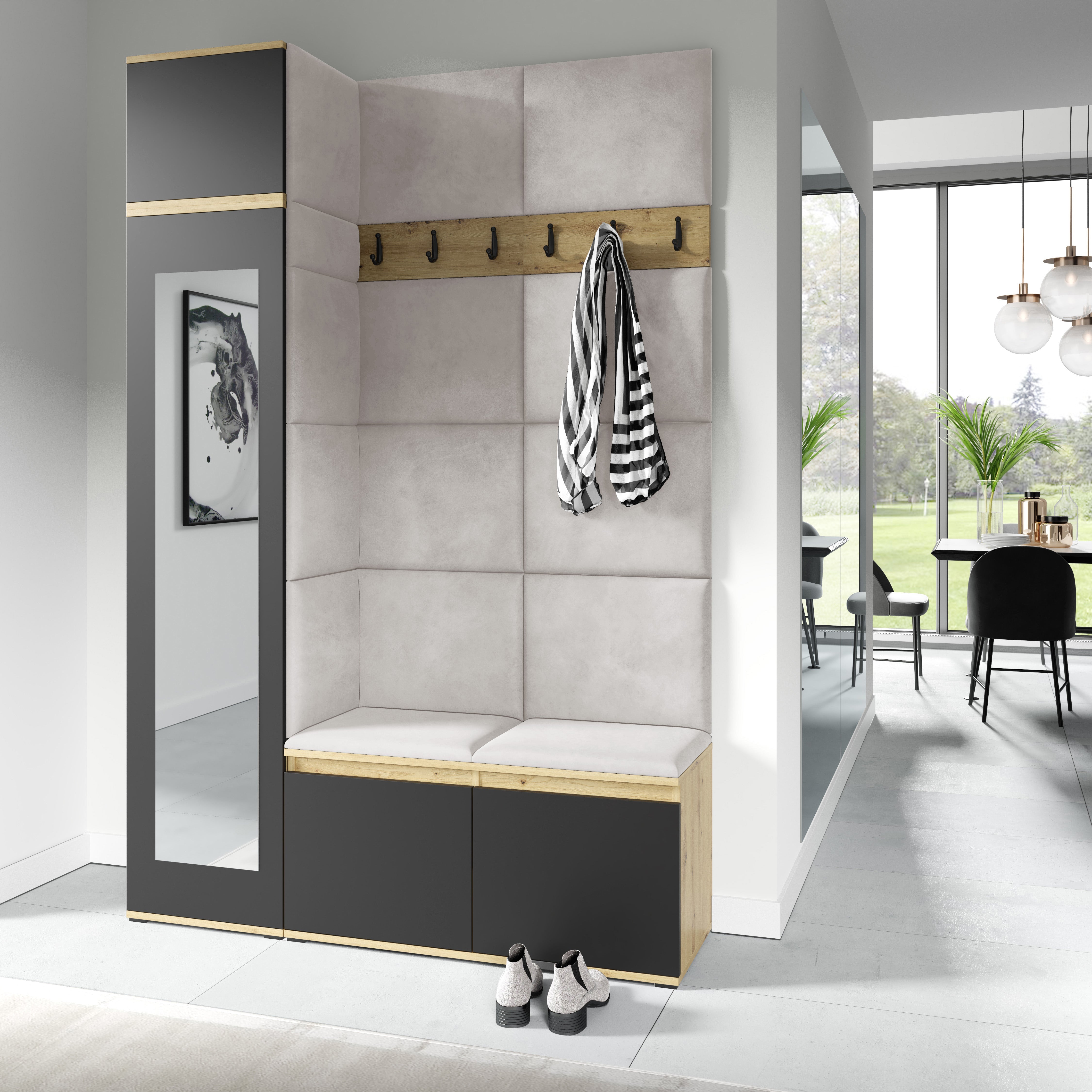 PK Emi 22 Hallway Wardrobe Artisan Oak / Black- Upholstered Panels in Various Colours