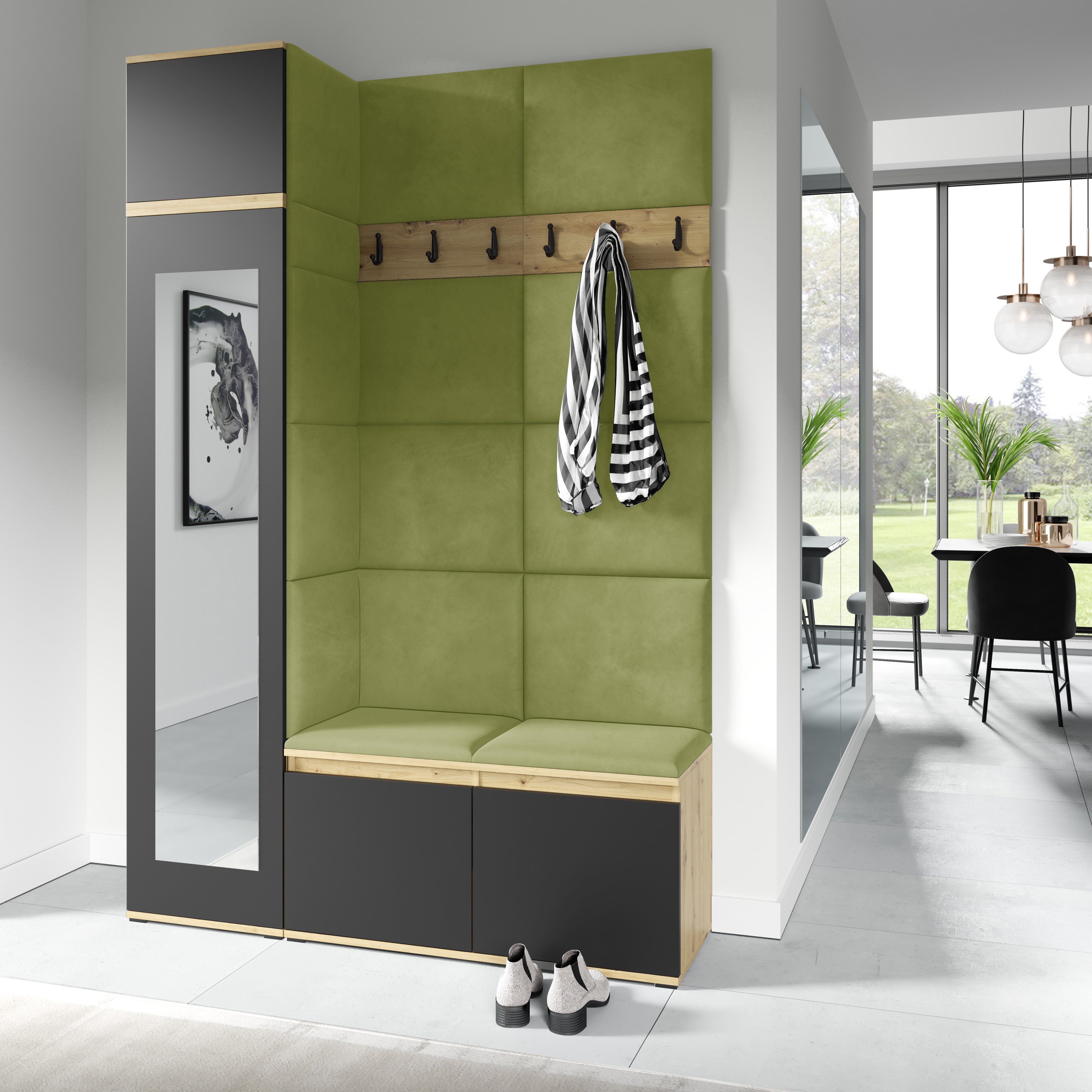 PK Emi 22 Hallway Wardrobe Artisan Oak / Black- Upholstered Panels in Various Colours