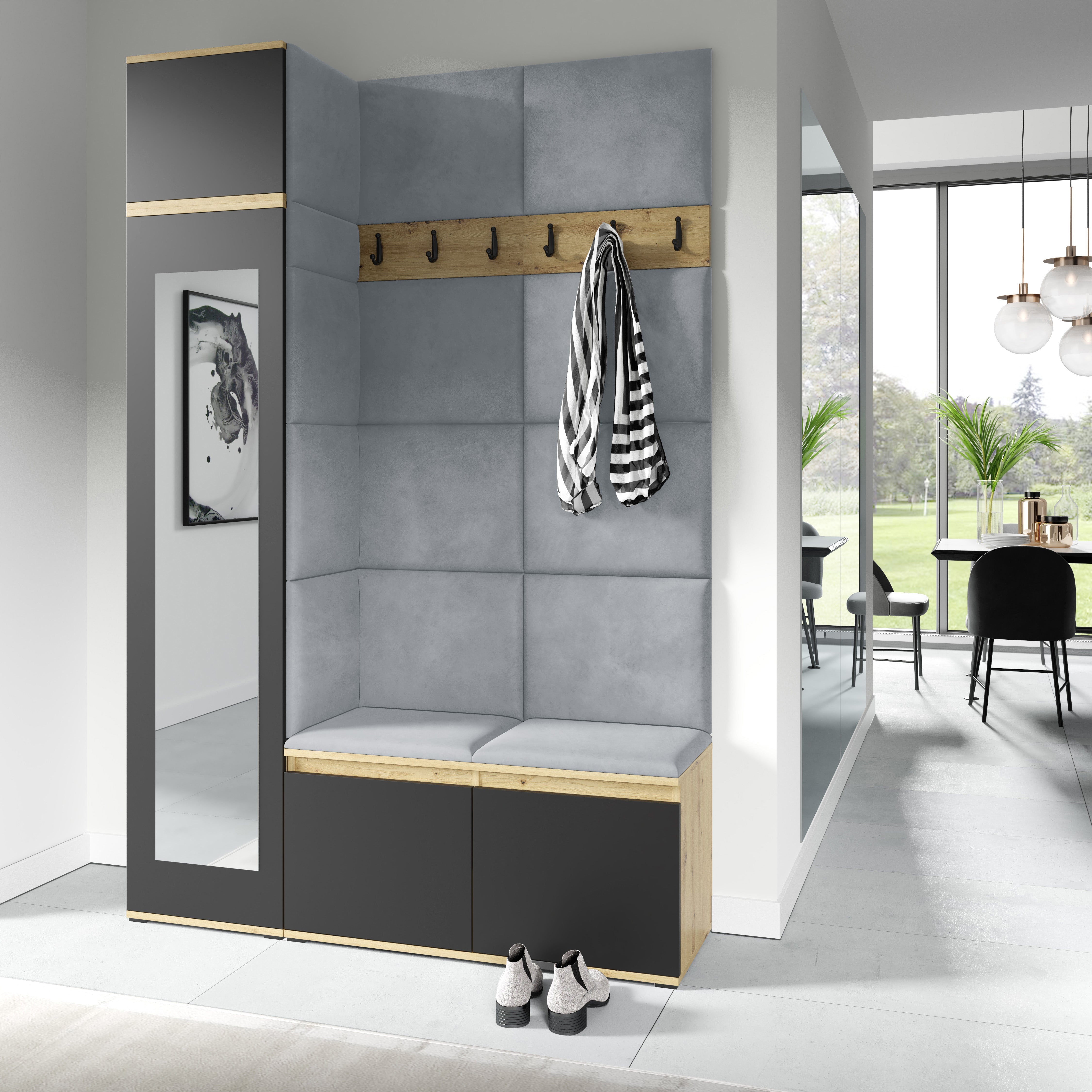 PK Emi 22 Hallway Wardrobe Artisan Oak / Black- Upholstered Panels in Various Colours