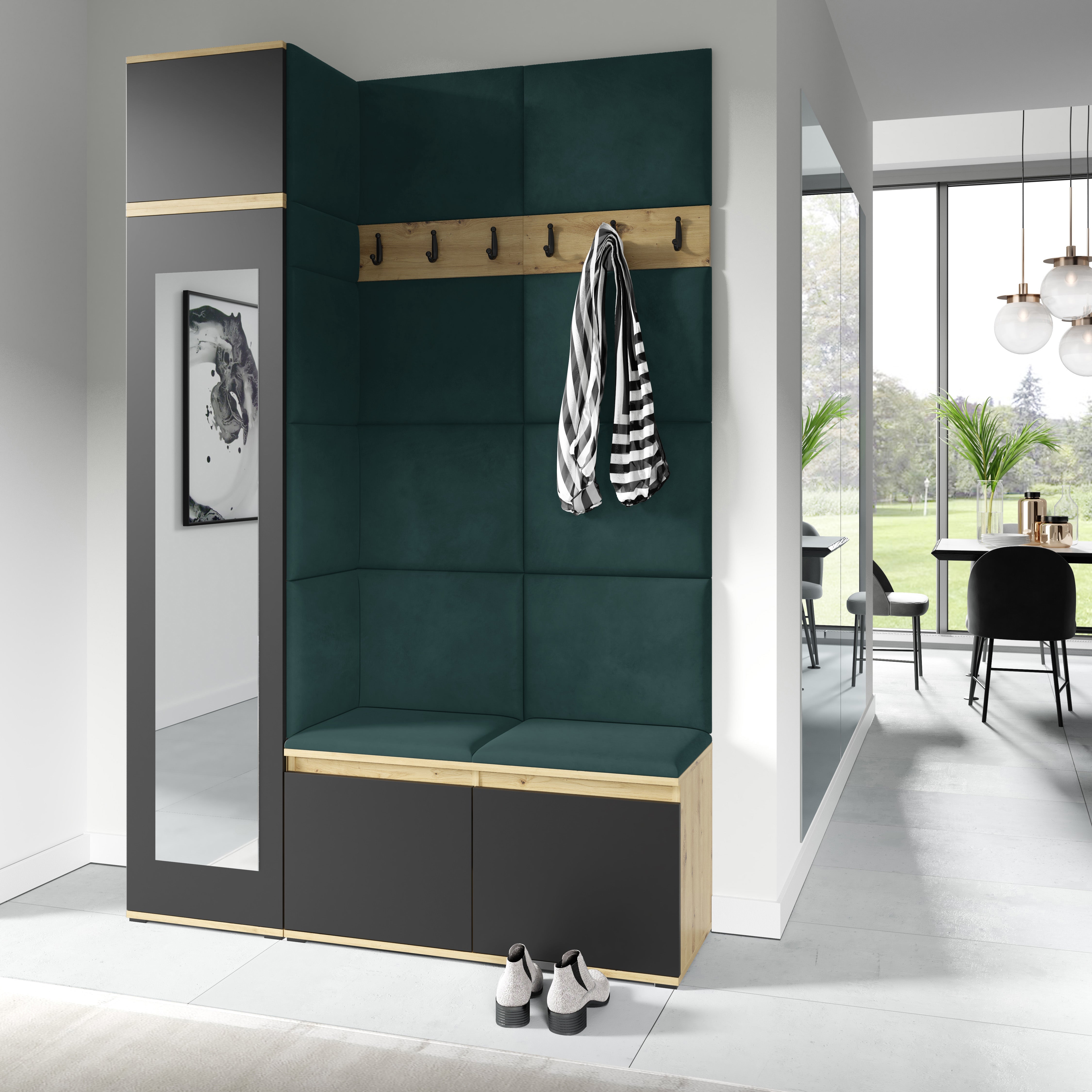 PK Emi 22 Hallway Wardrobe Artisan Oak / Black- Upholstered Panels in Various Colours