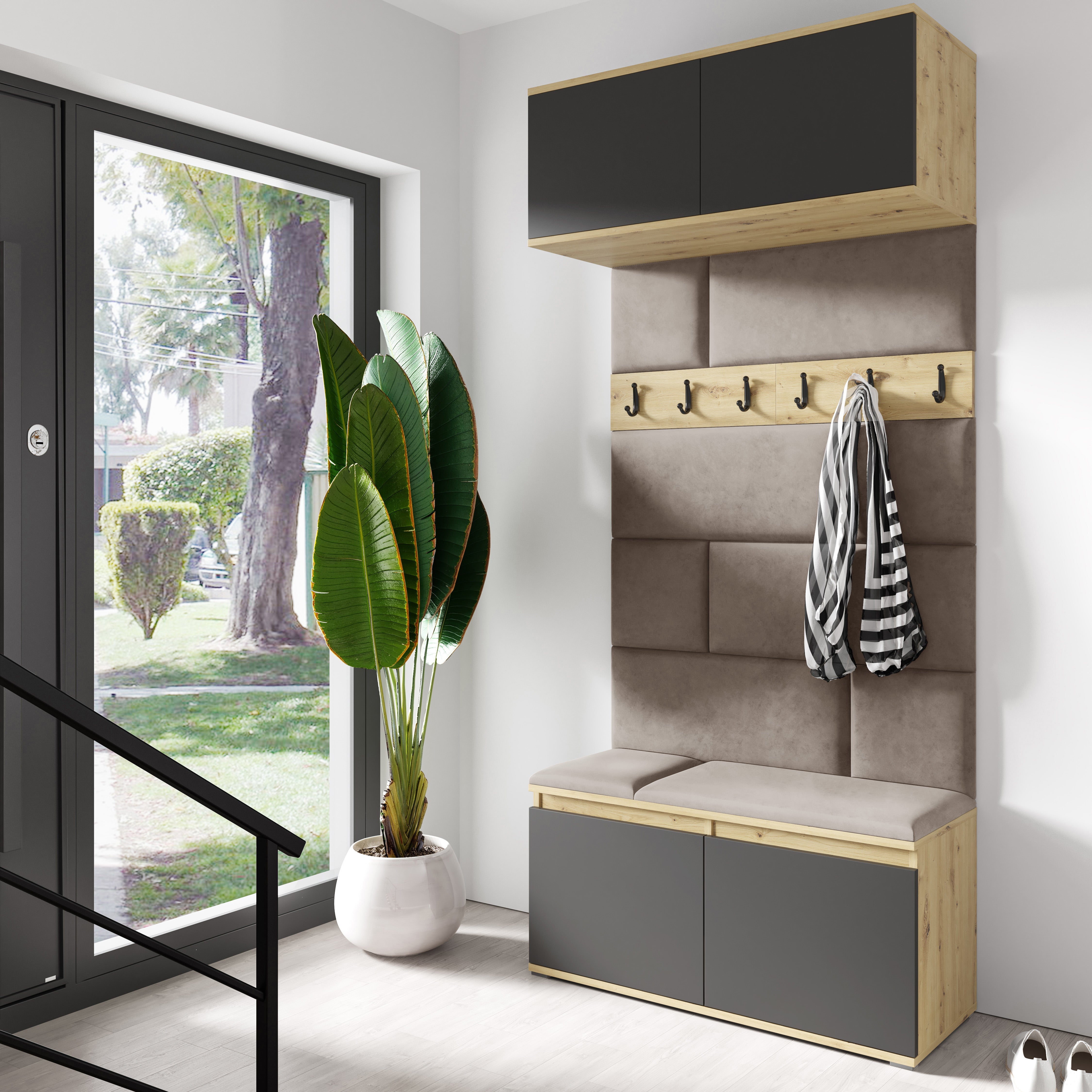PK Emi 23 Hallway Wardrobe Artisan Oak / Black- Upholstered Panels in Various Colours