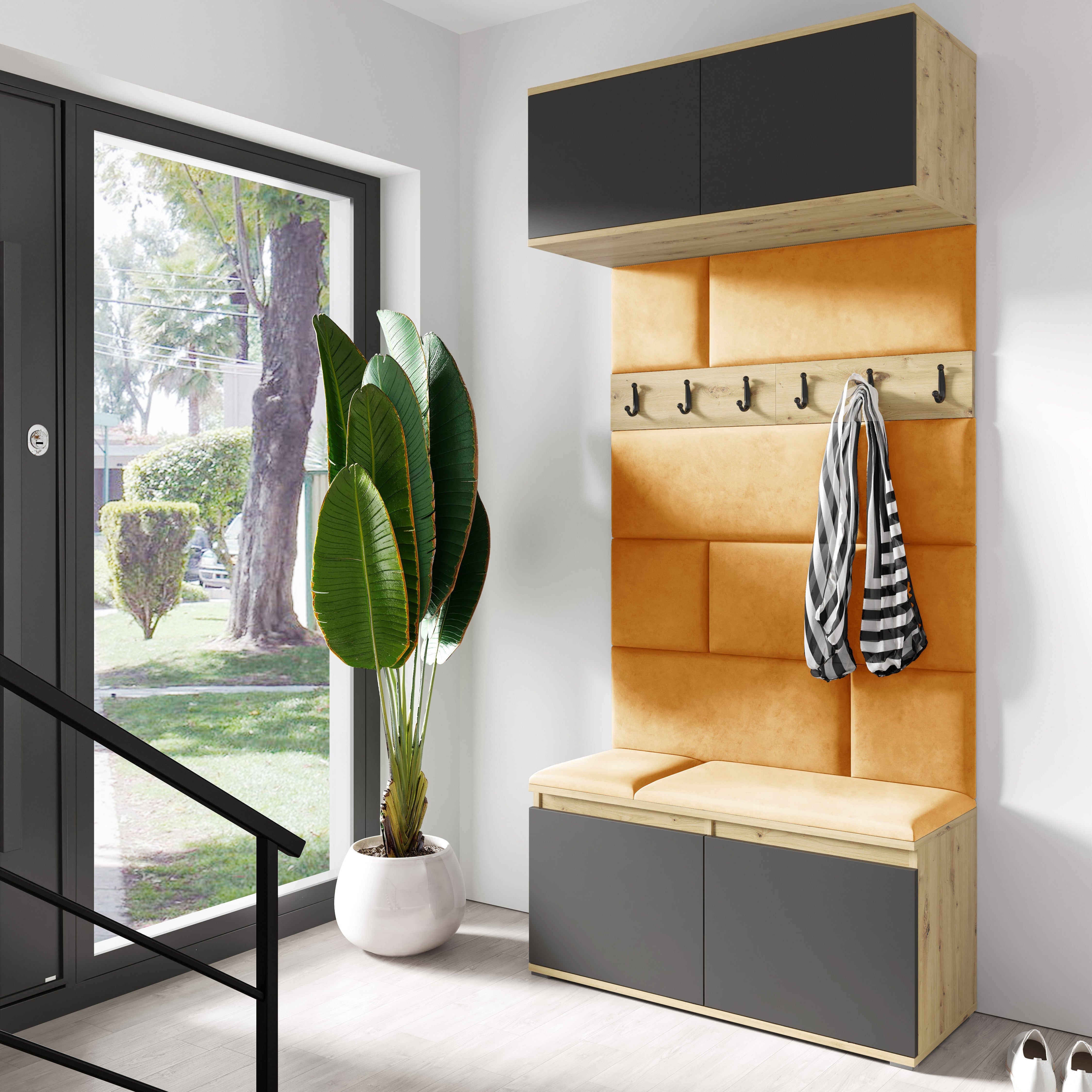PK Emi 23 Hallway Wardrobe Artisan Oak / Black- Upholstered Panels in Various Colours