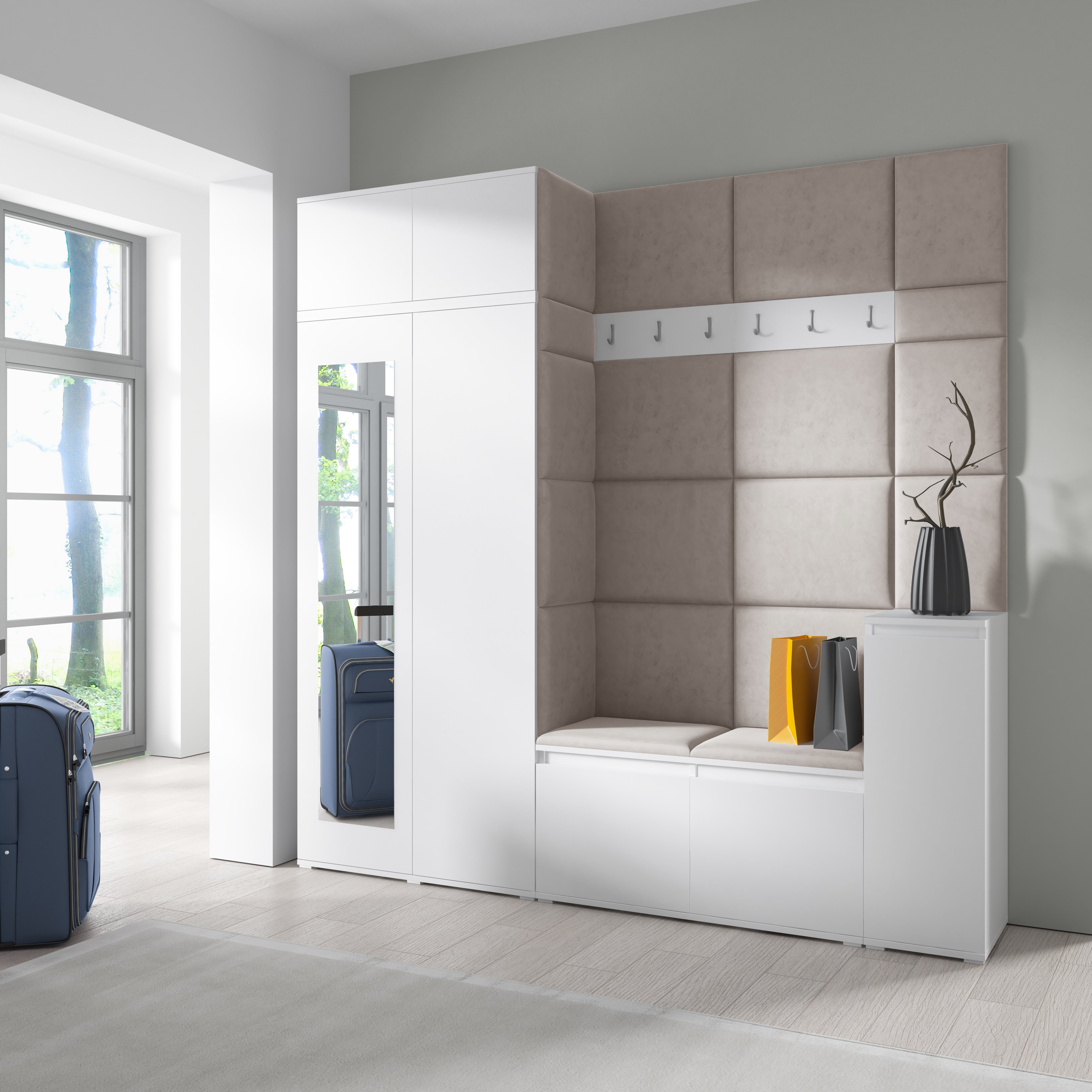 PK Emi 26 Hallway Wardrobe White - Upholstered Panels in Various Colours