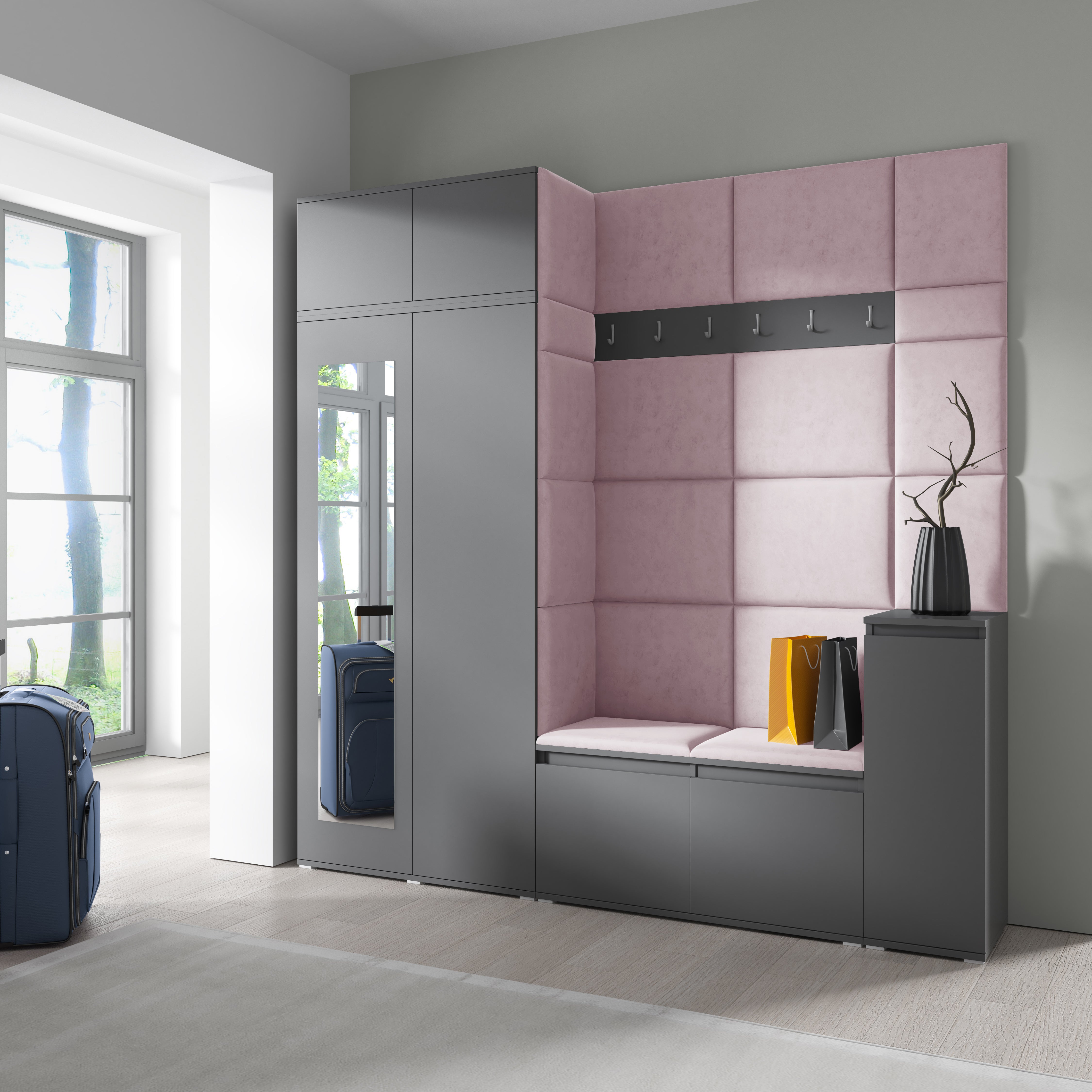 PK Emi 26 Hallway Wardrobe Graphite - Upholstered Panels in Various Colours
