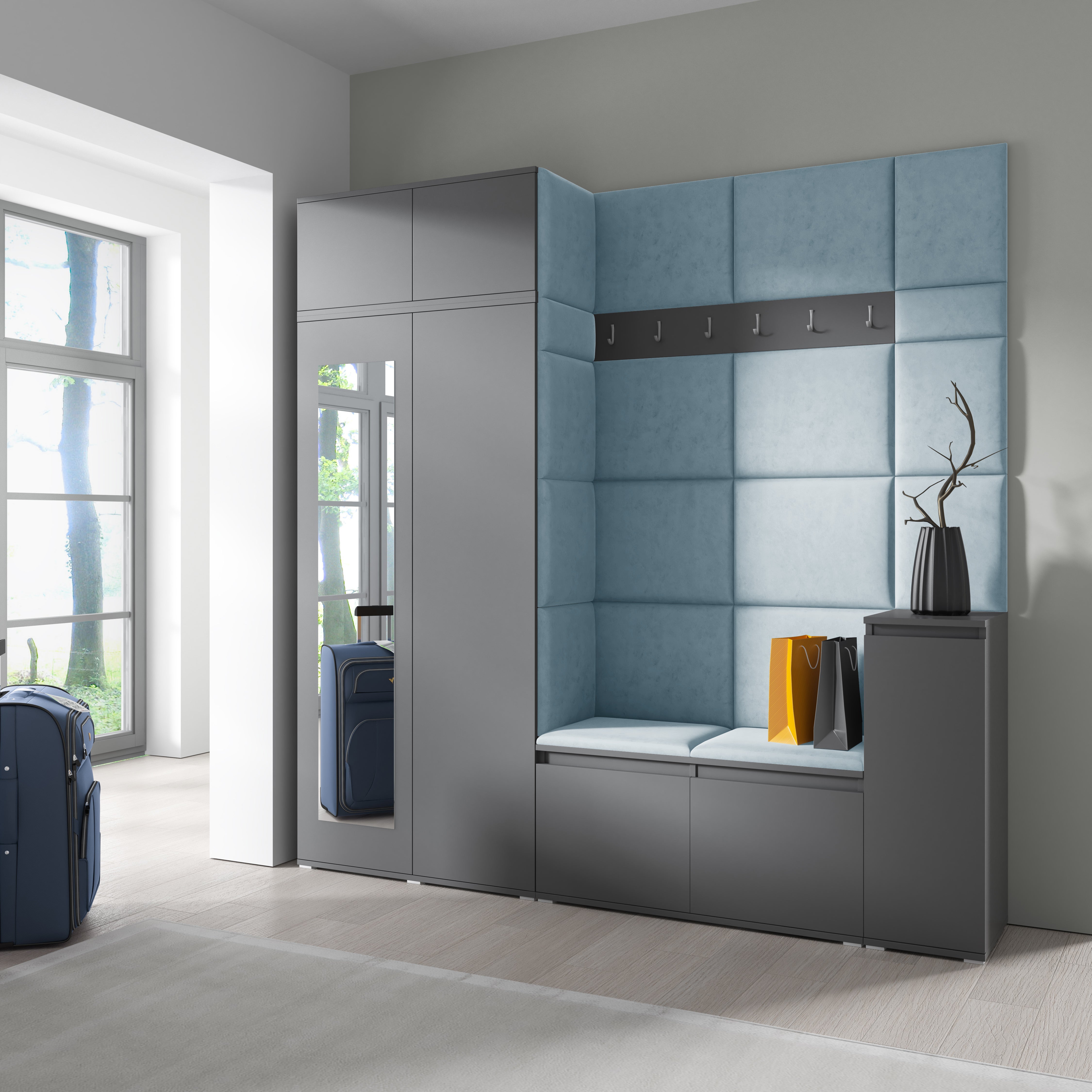 PK Emi 26 Hallway Wardrobe Graphite - Upholstered Panels in Various Colours