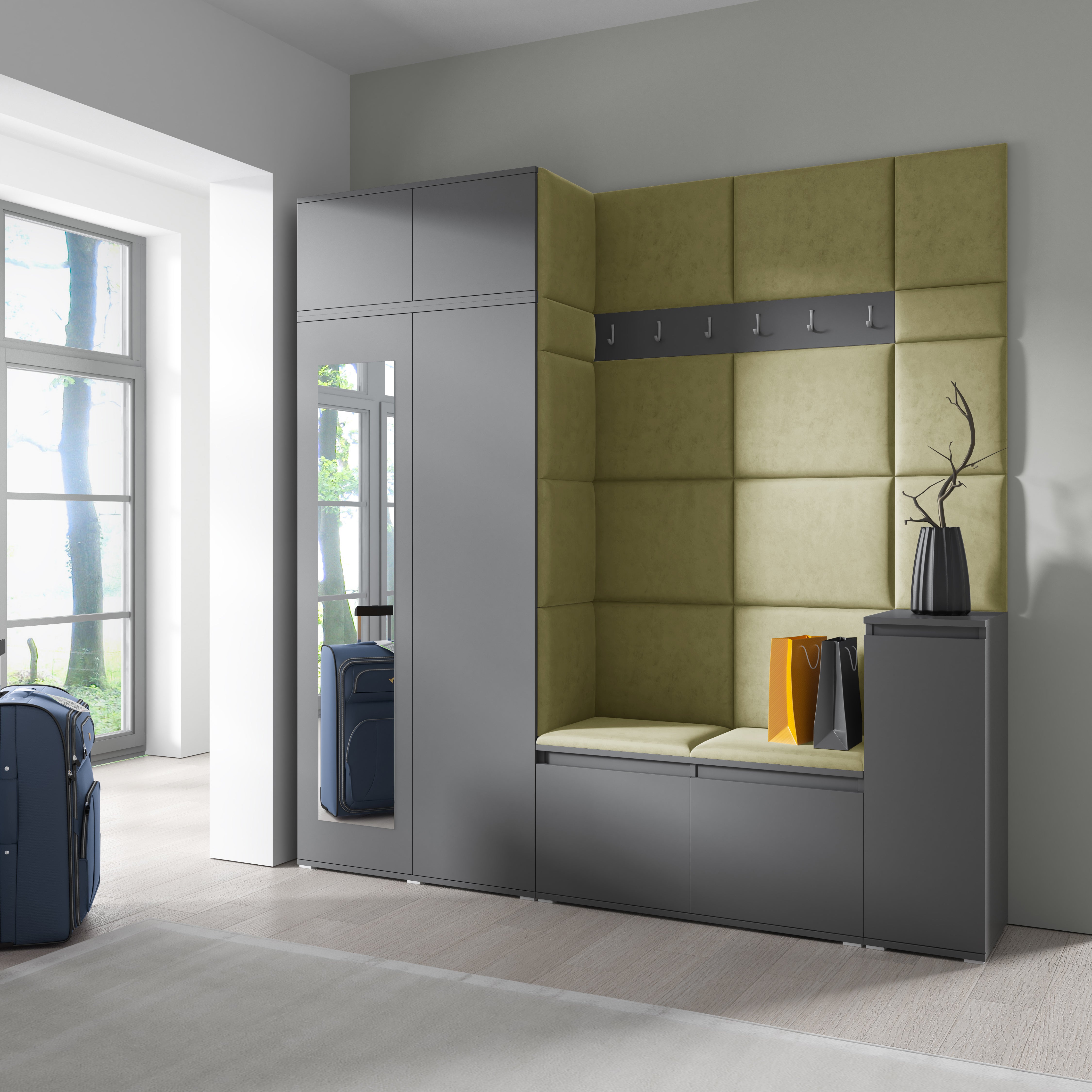 PK Emi 26 Hallway Wardrobe Graphite - Upholstered Panels in Various Colours