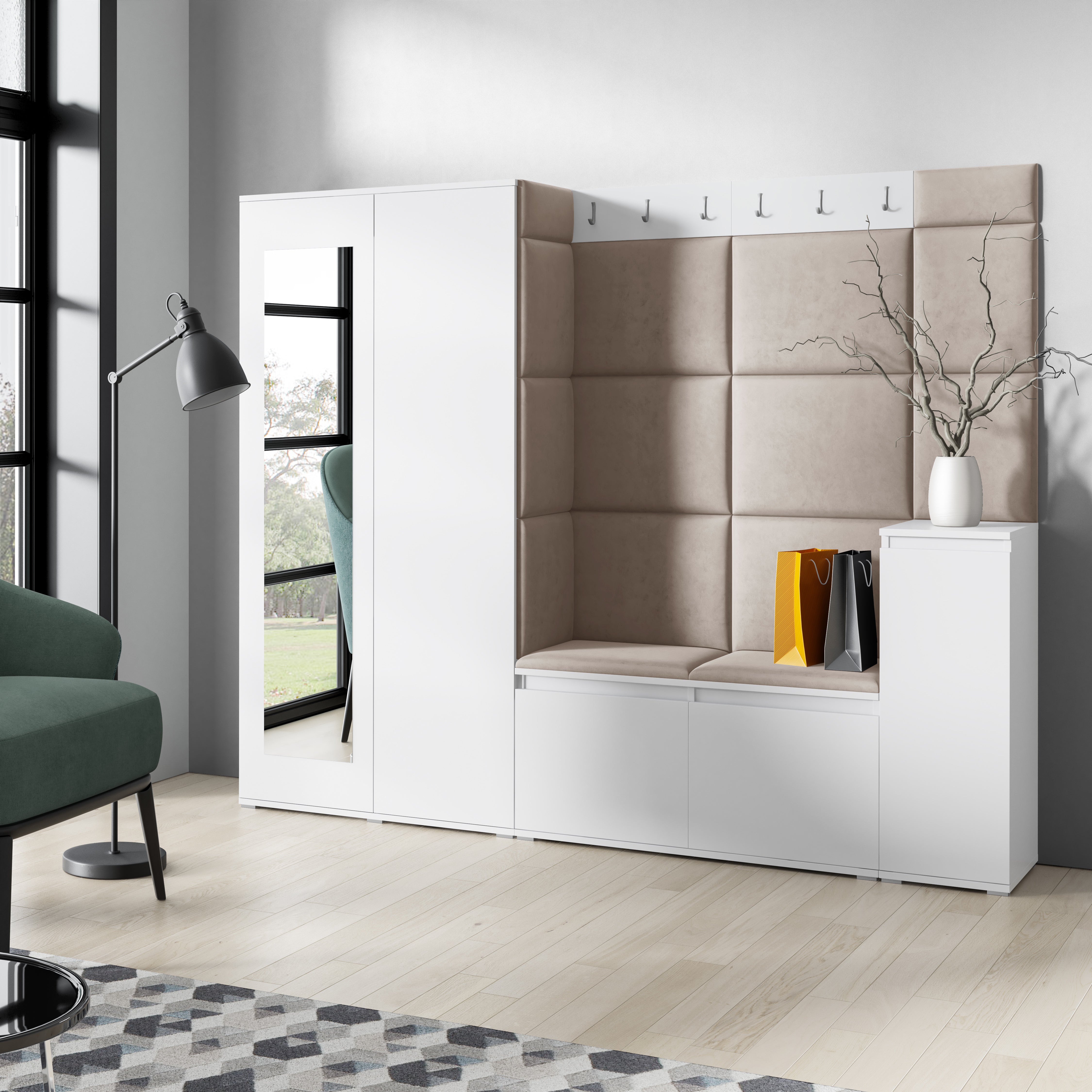 PK Emi 27 Hallway Wardrobe White - Upholstered Panels in Various Colours