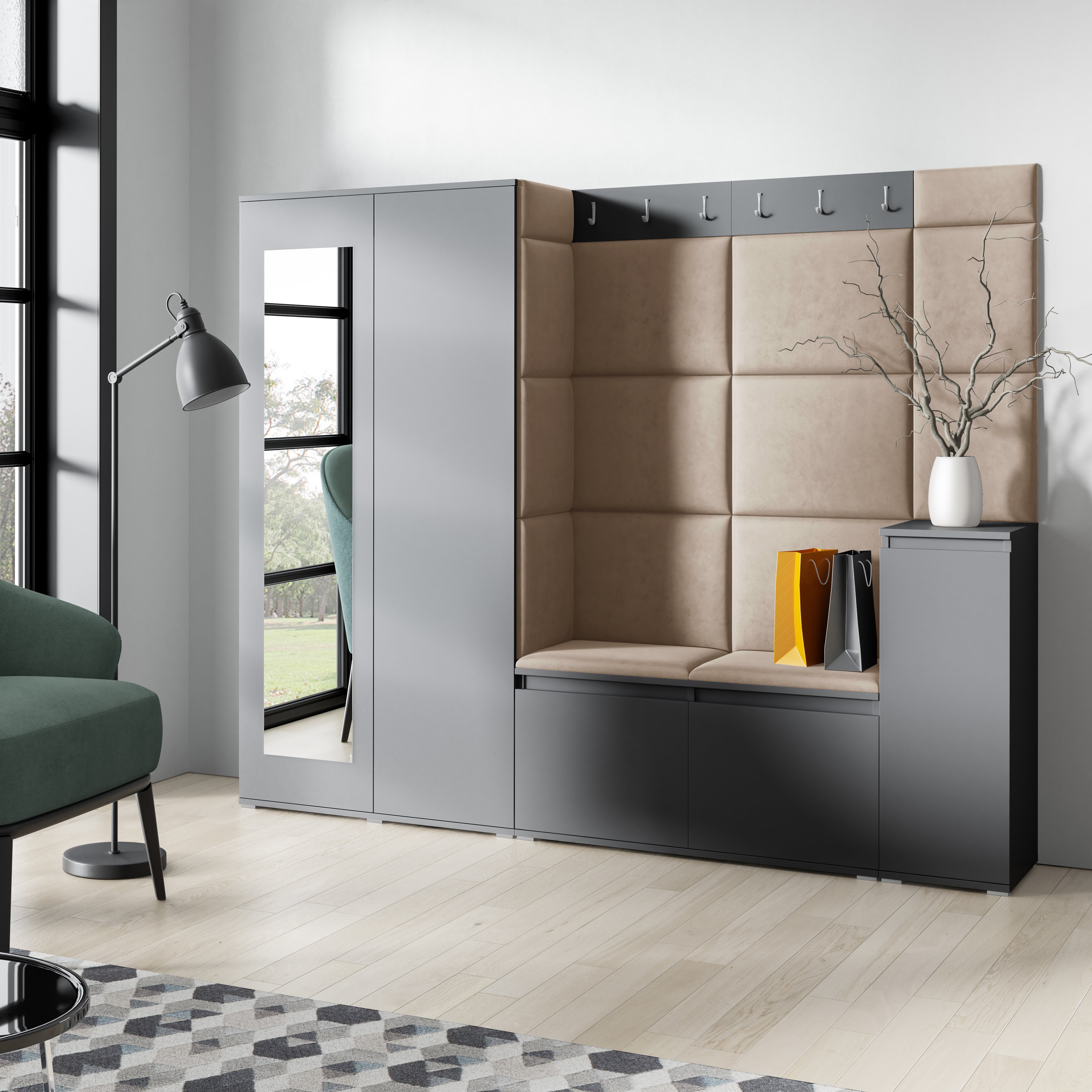 PK Emi 27 Hallway Wardrobe Graphite  - Upholstered Panels in Various Colours