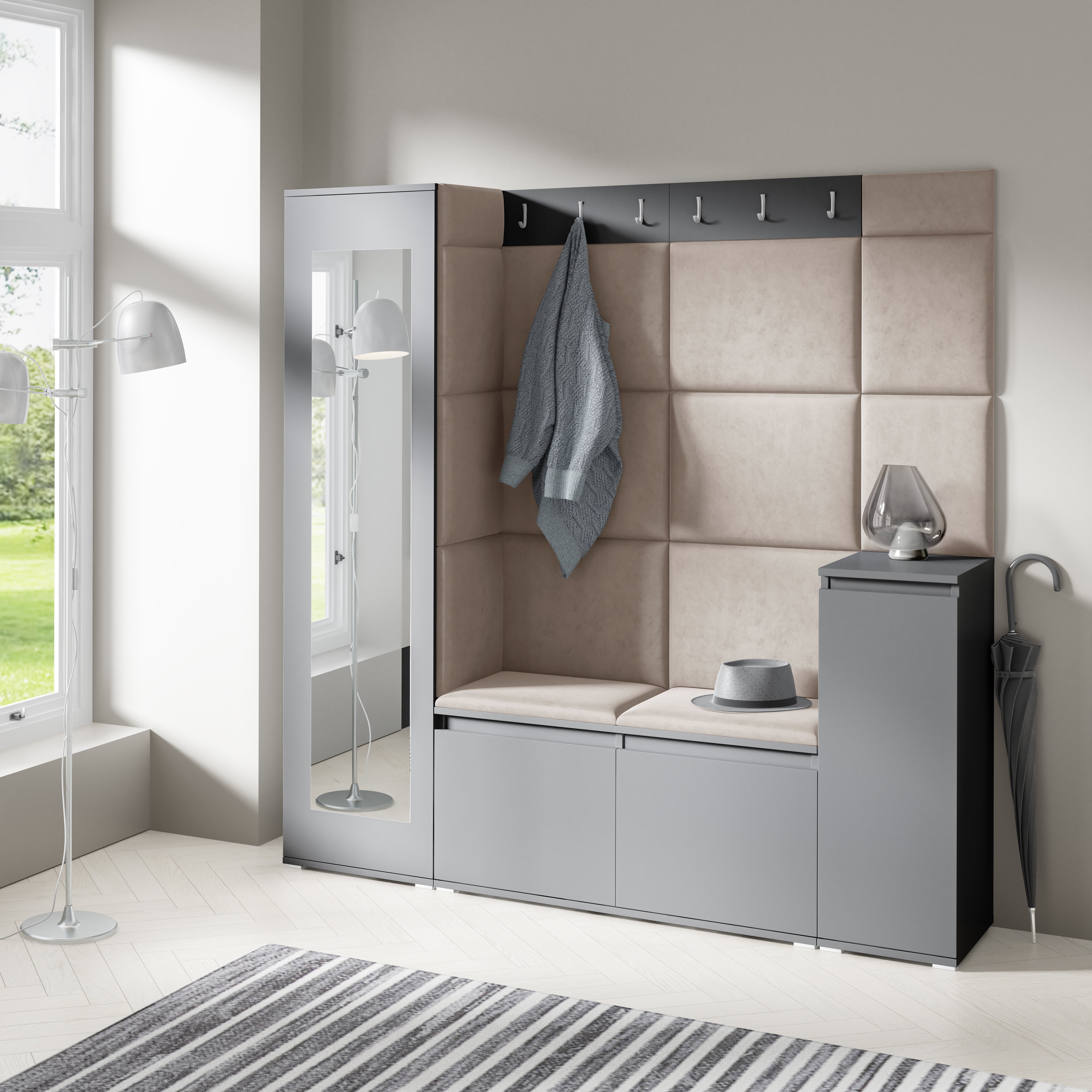 PK Emi 28 Hallway Wardrobe Graphite - Upholstered Panels in Various Colours