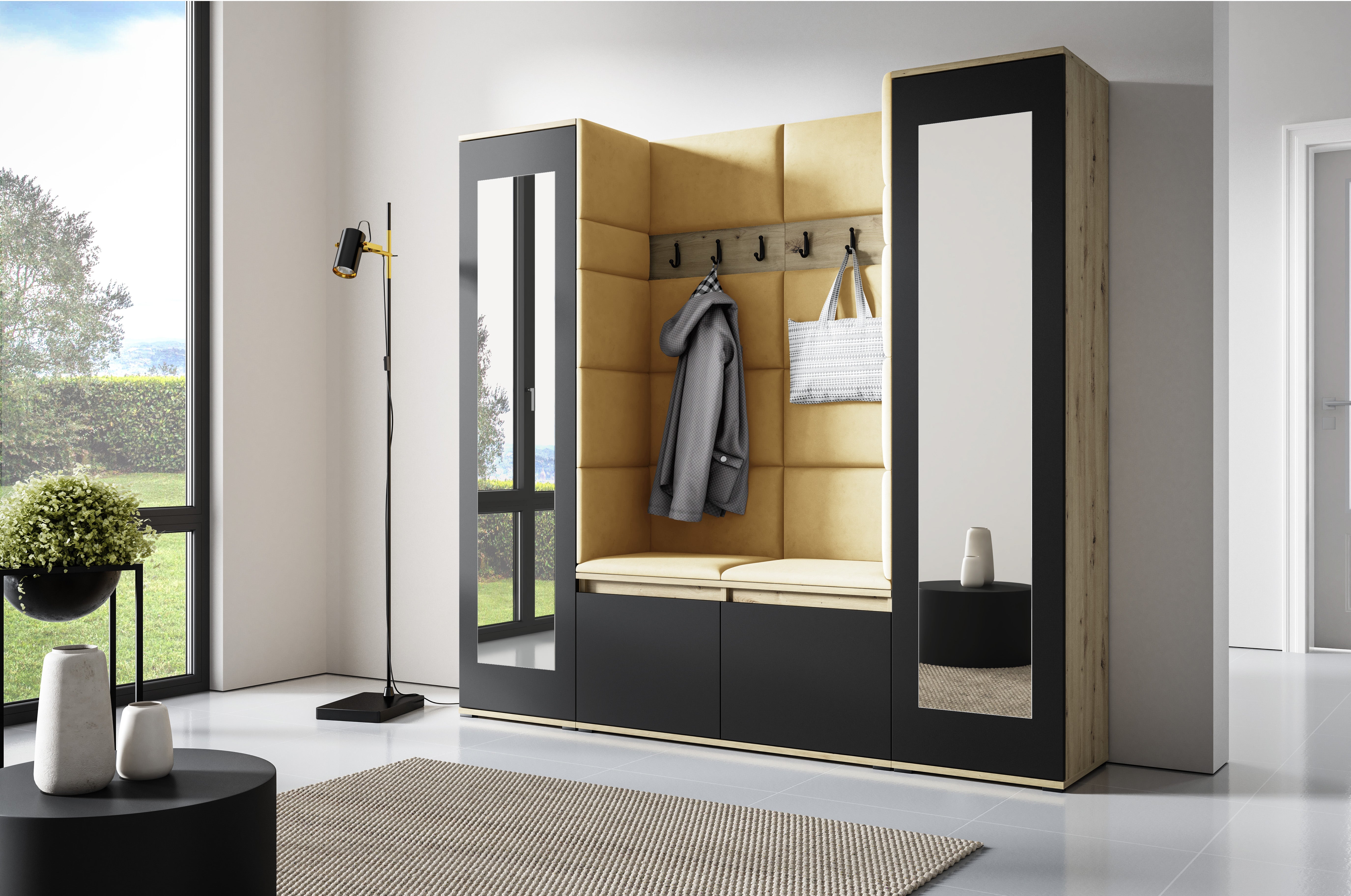 PK Emi 31 Flurschrank Aristan Eiche/Schwarz - Gepolsterte Paneele in verschiedenen Farben