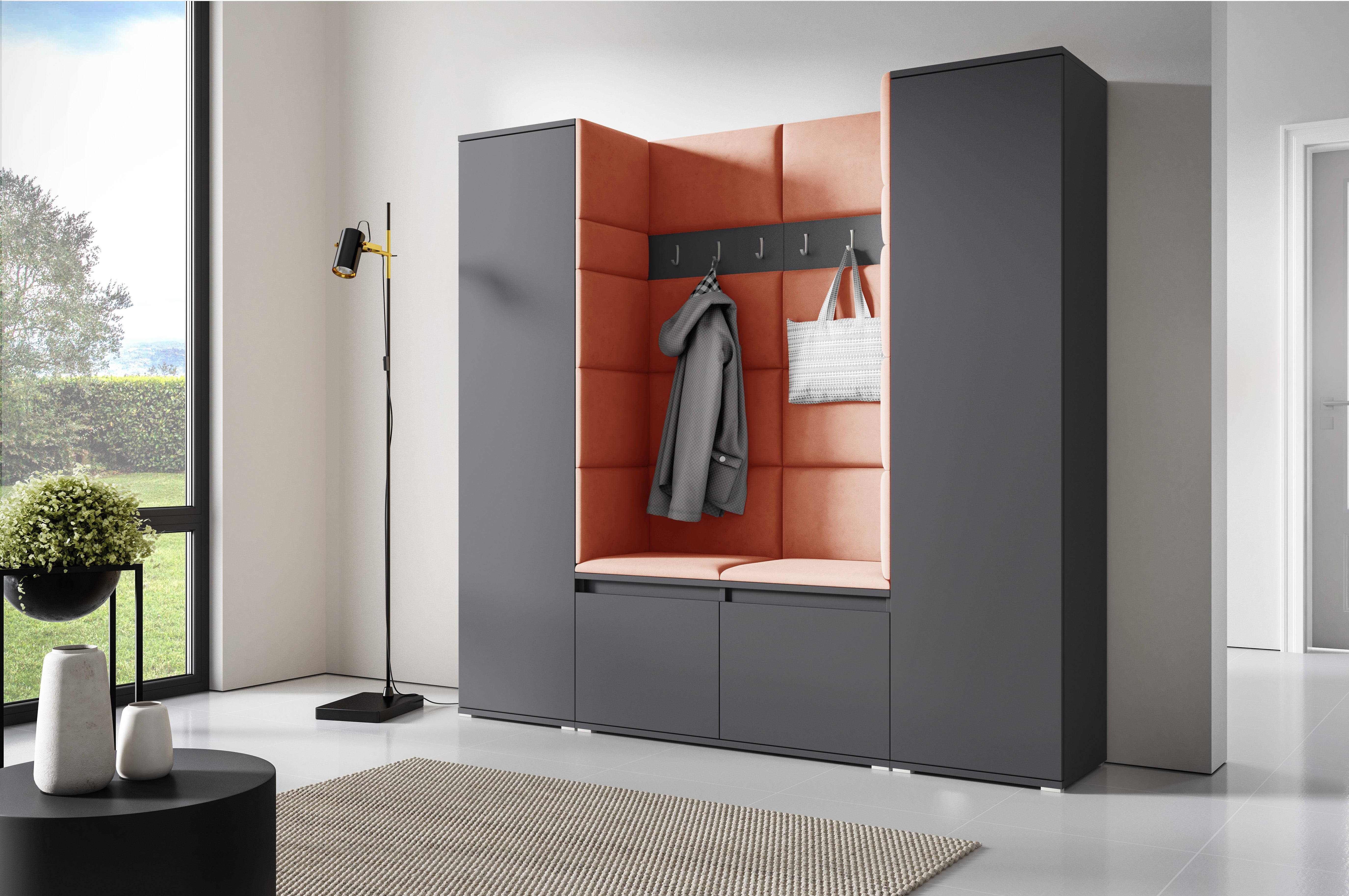 PK Emi 31 Hallway Wardrobe Graphite - Upholstered Panels in Various Colours