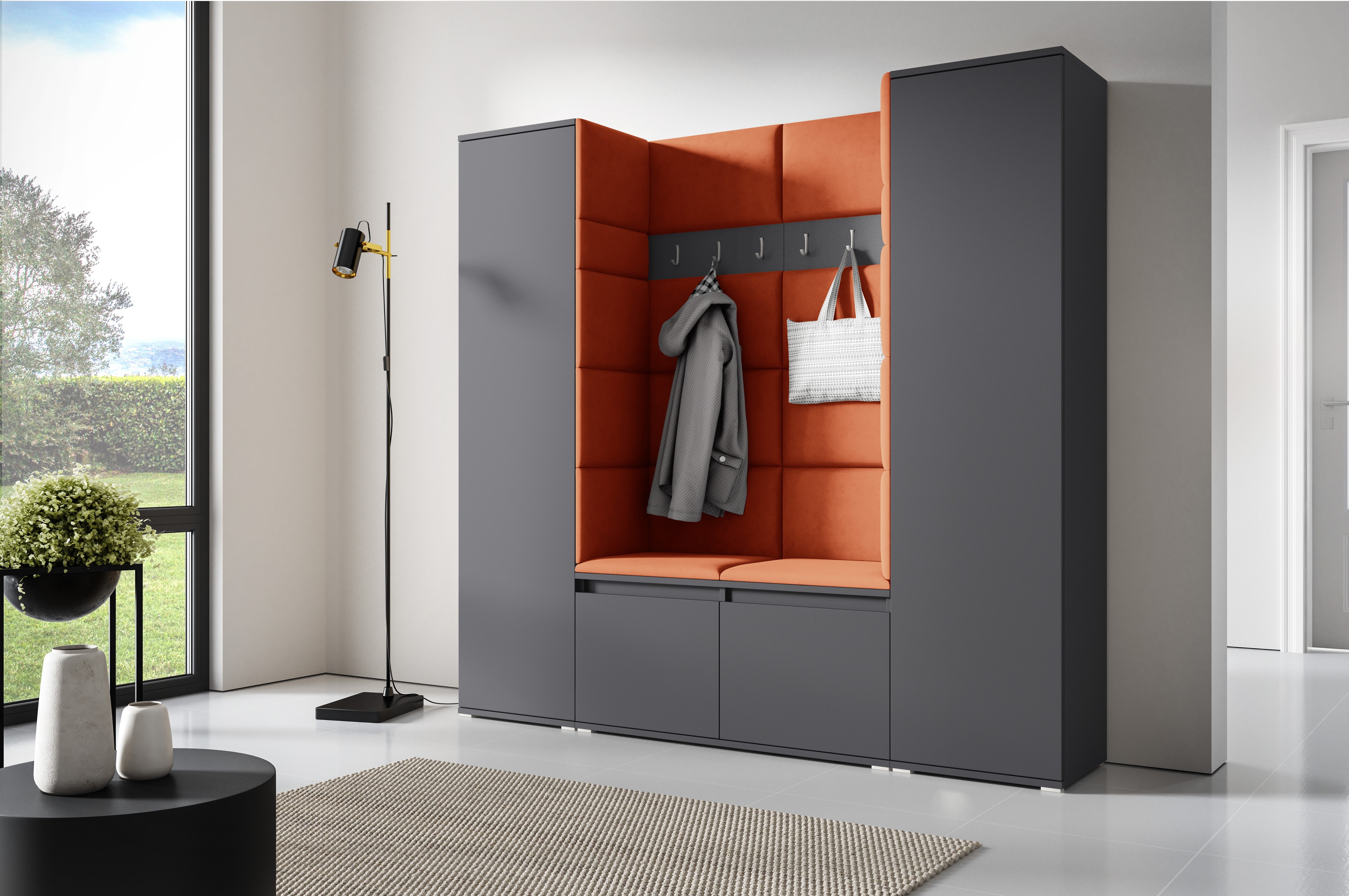 PK Emi 31 Hallway Wardrobe Graphite - Upholstered Panels in Various Colours