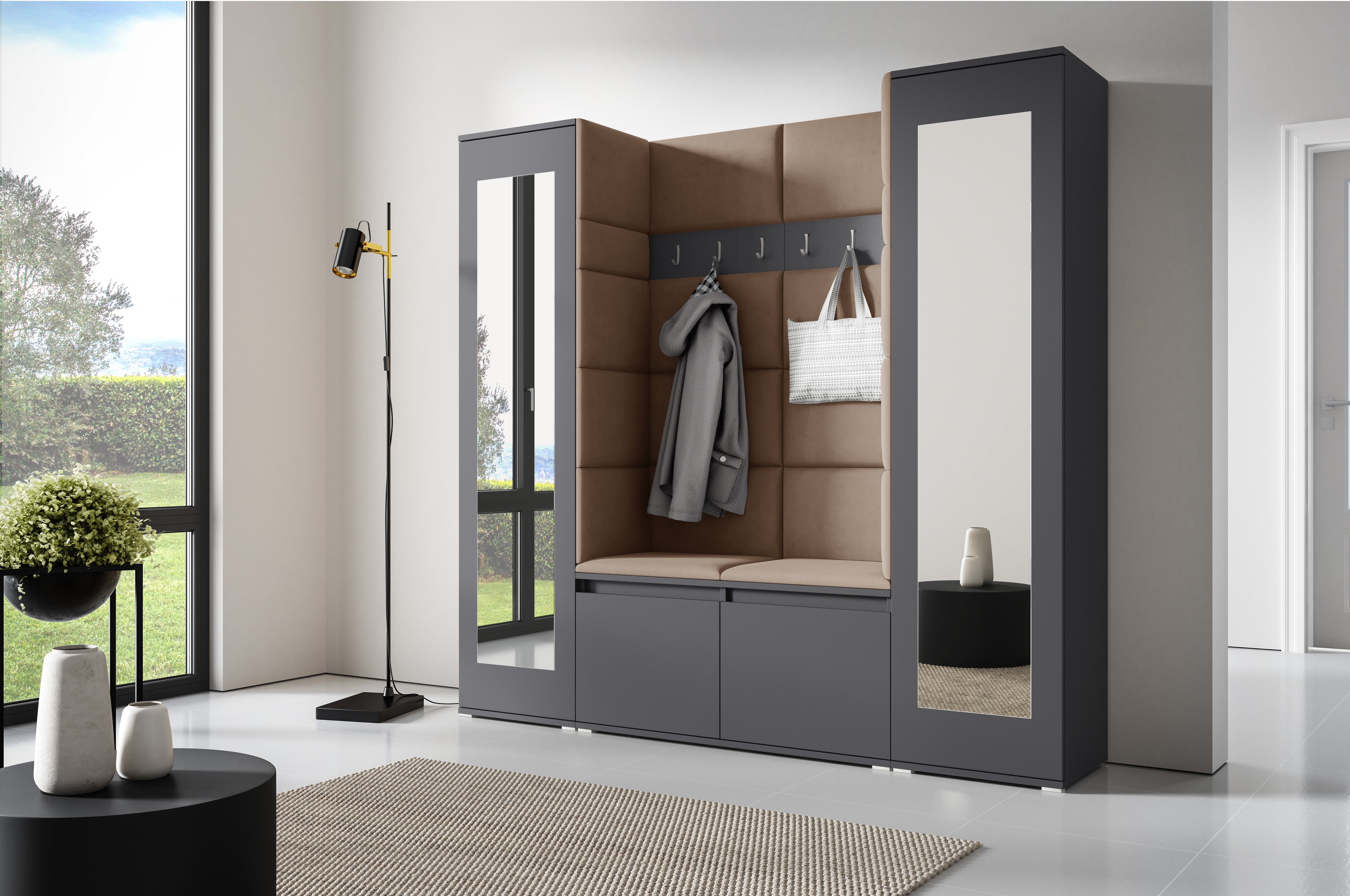 PK Emi 31 Hallway Wardrobe Graphite - Upholstered Panels in Various Colours