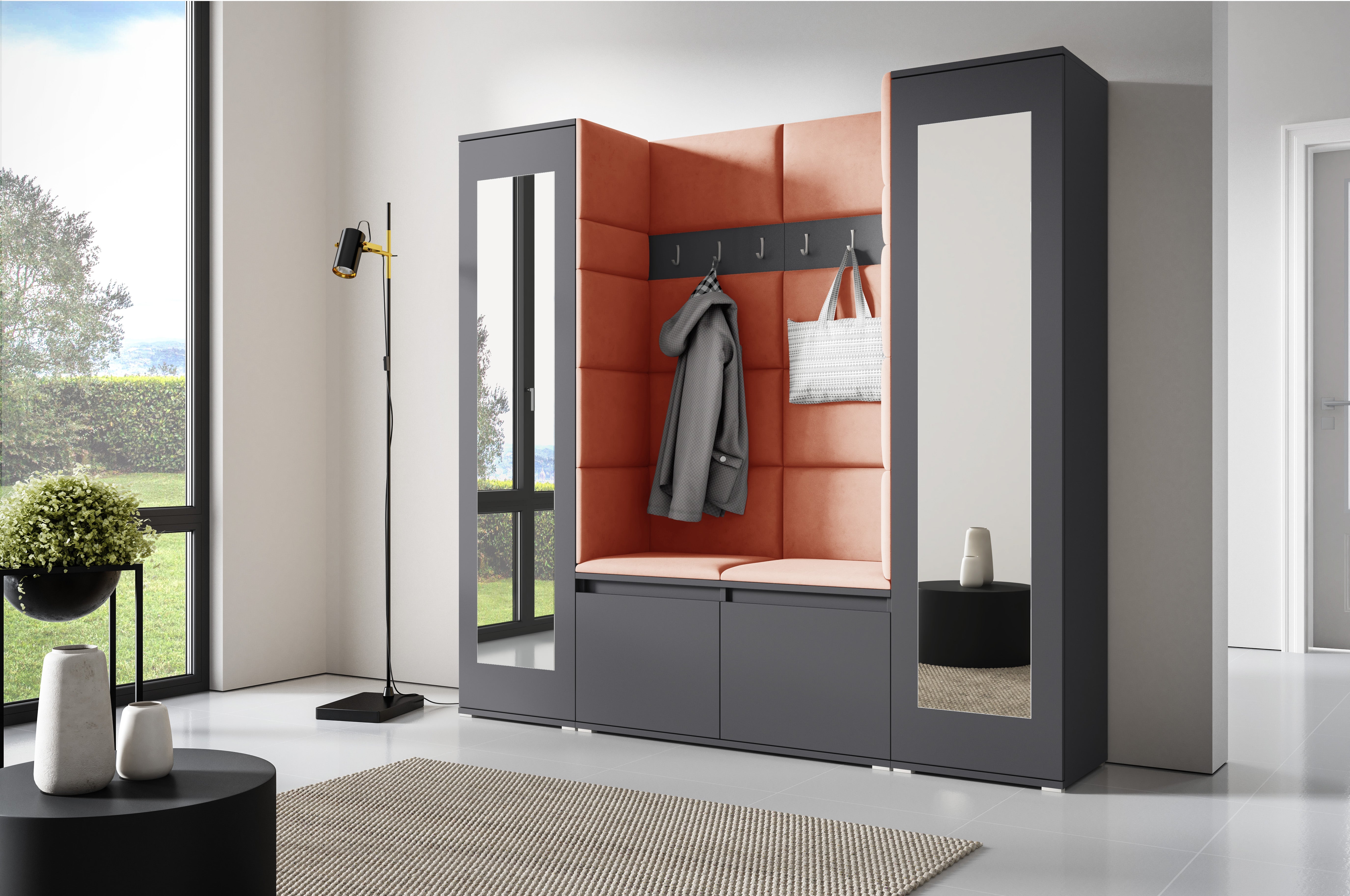 PK Emi 31 Hallway Wardrobe Graphite - Upholstered Panels in Various Colours