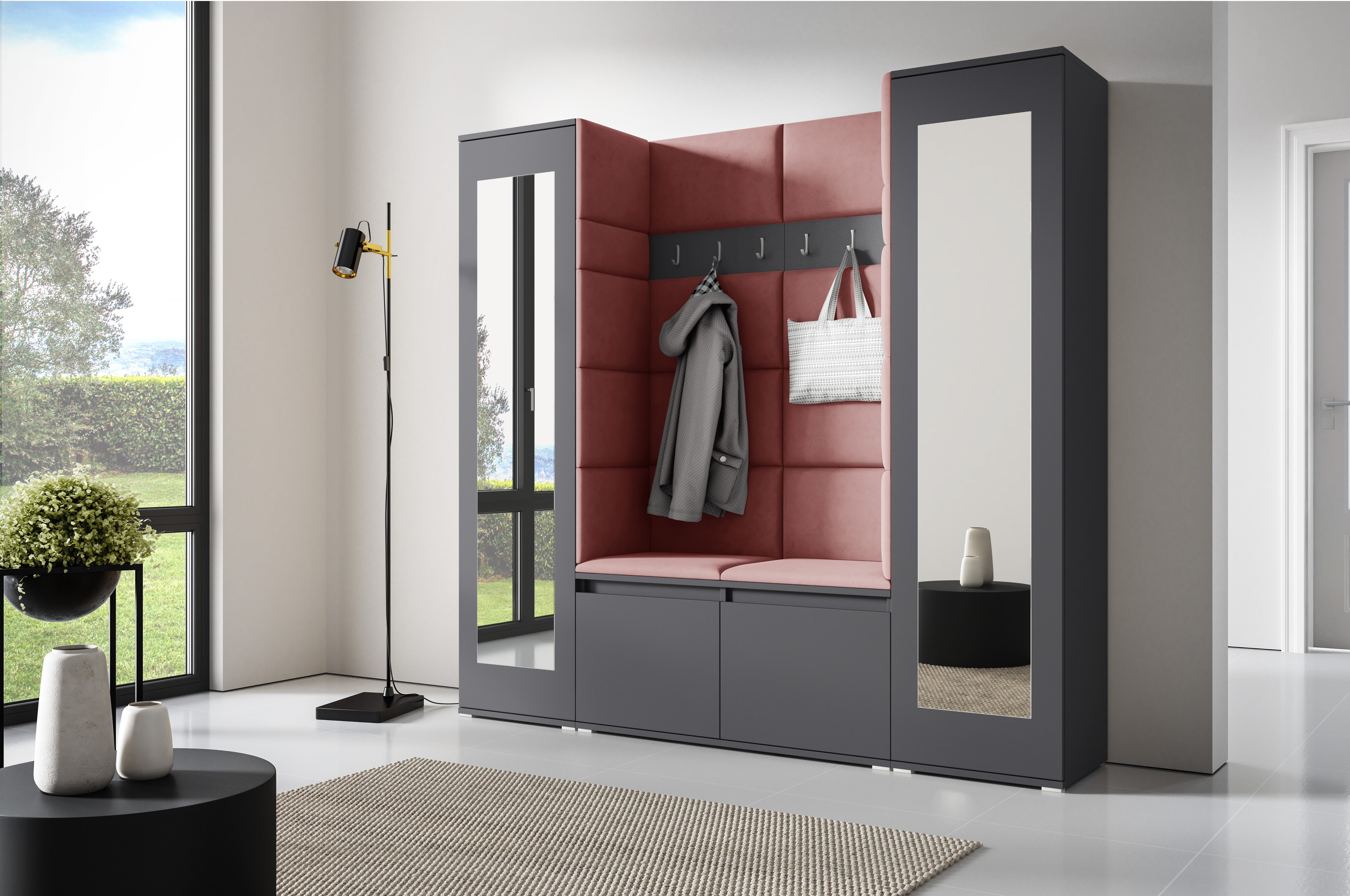 PK Emi 31 Hallway Wardrobe Graphite - Upholstered Panels in Various Colours