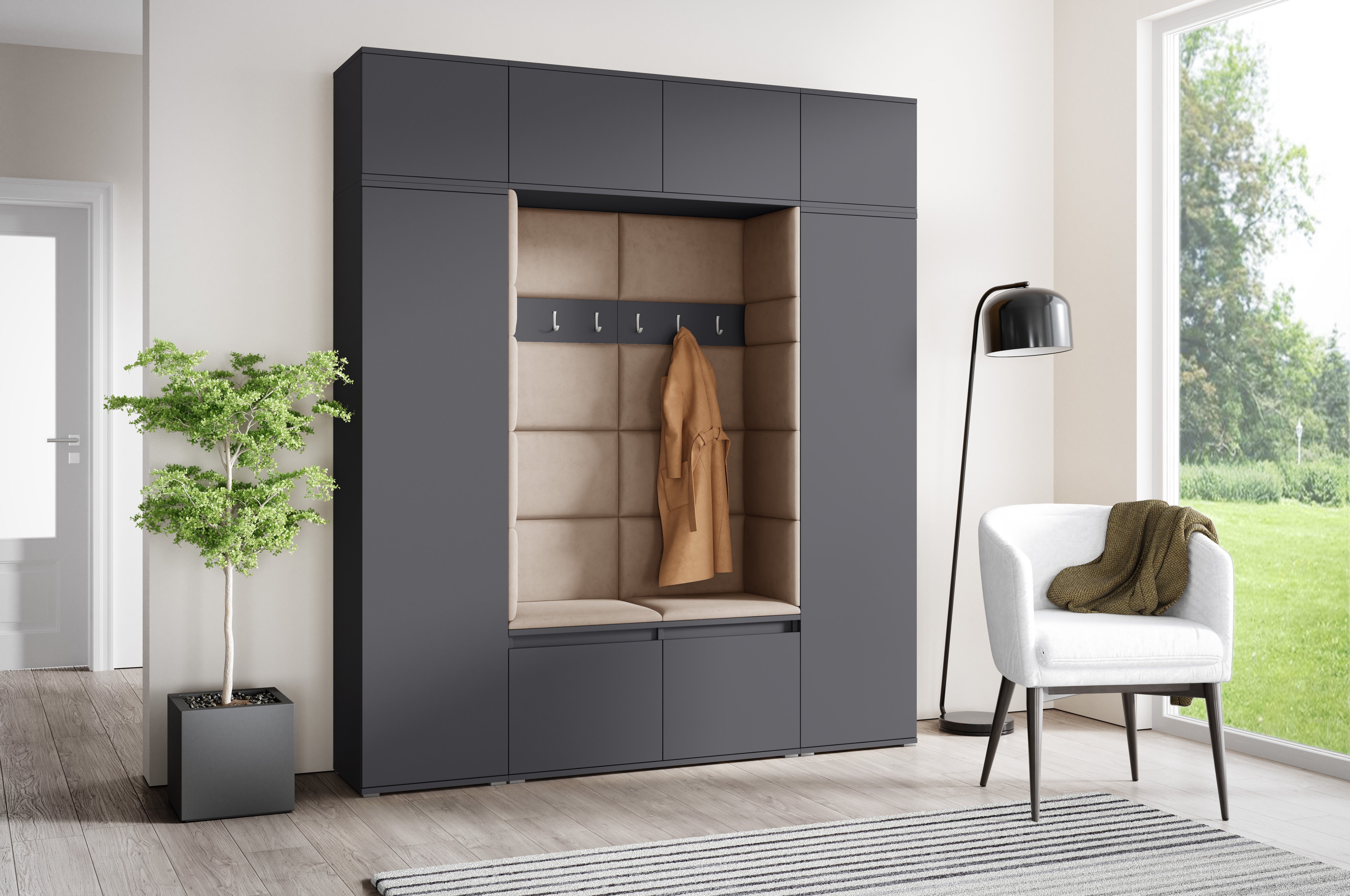 PK Emi 32 Hallway Wardrobe Graphite - Upholstered Panels in Various Colours