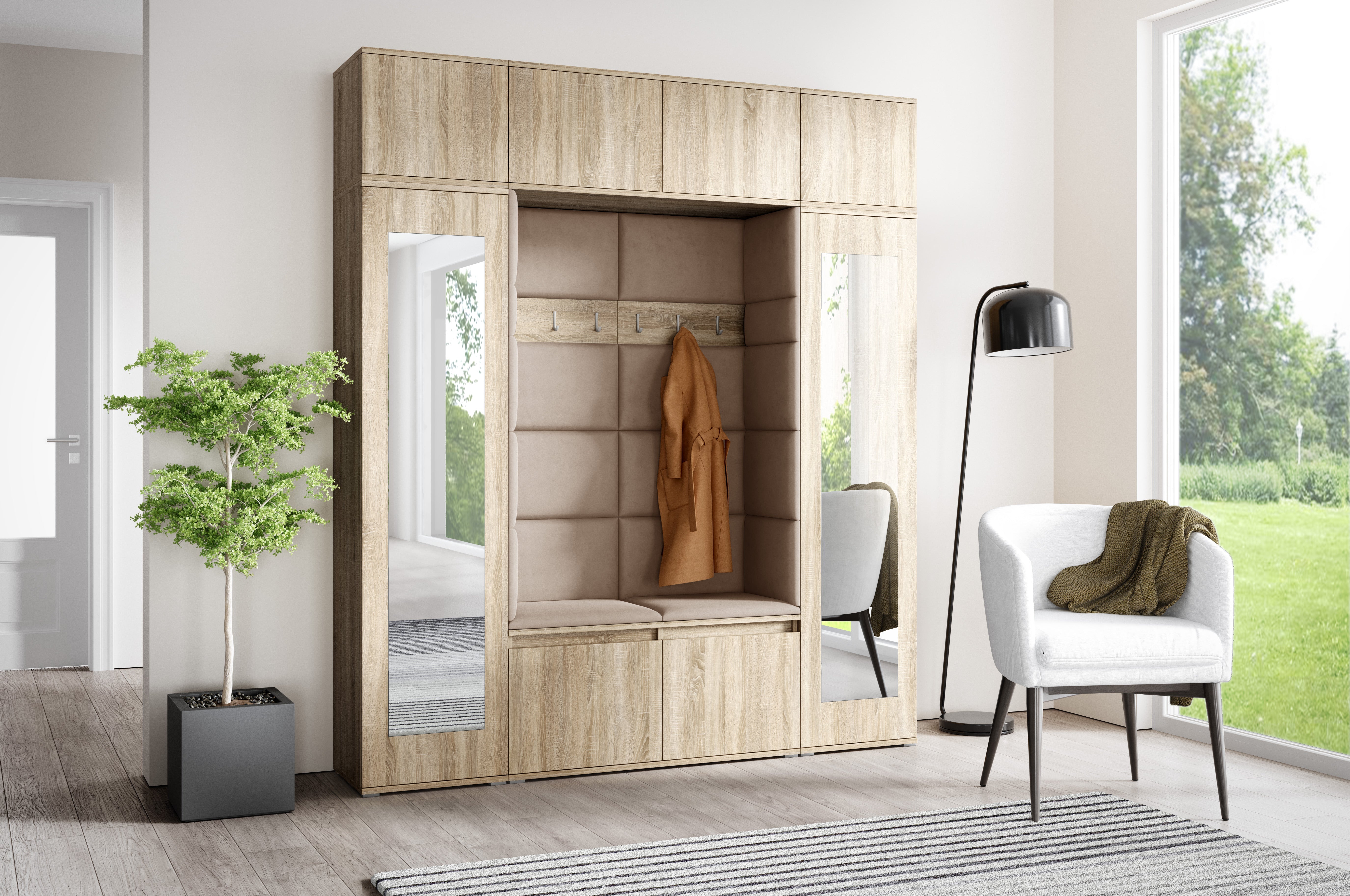 PK Emi 32 Hallway Wardrobe Sonoma Oak- Upholstered Panels in Various Colours