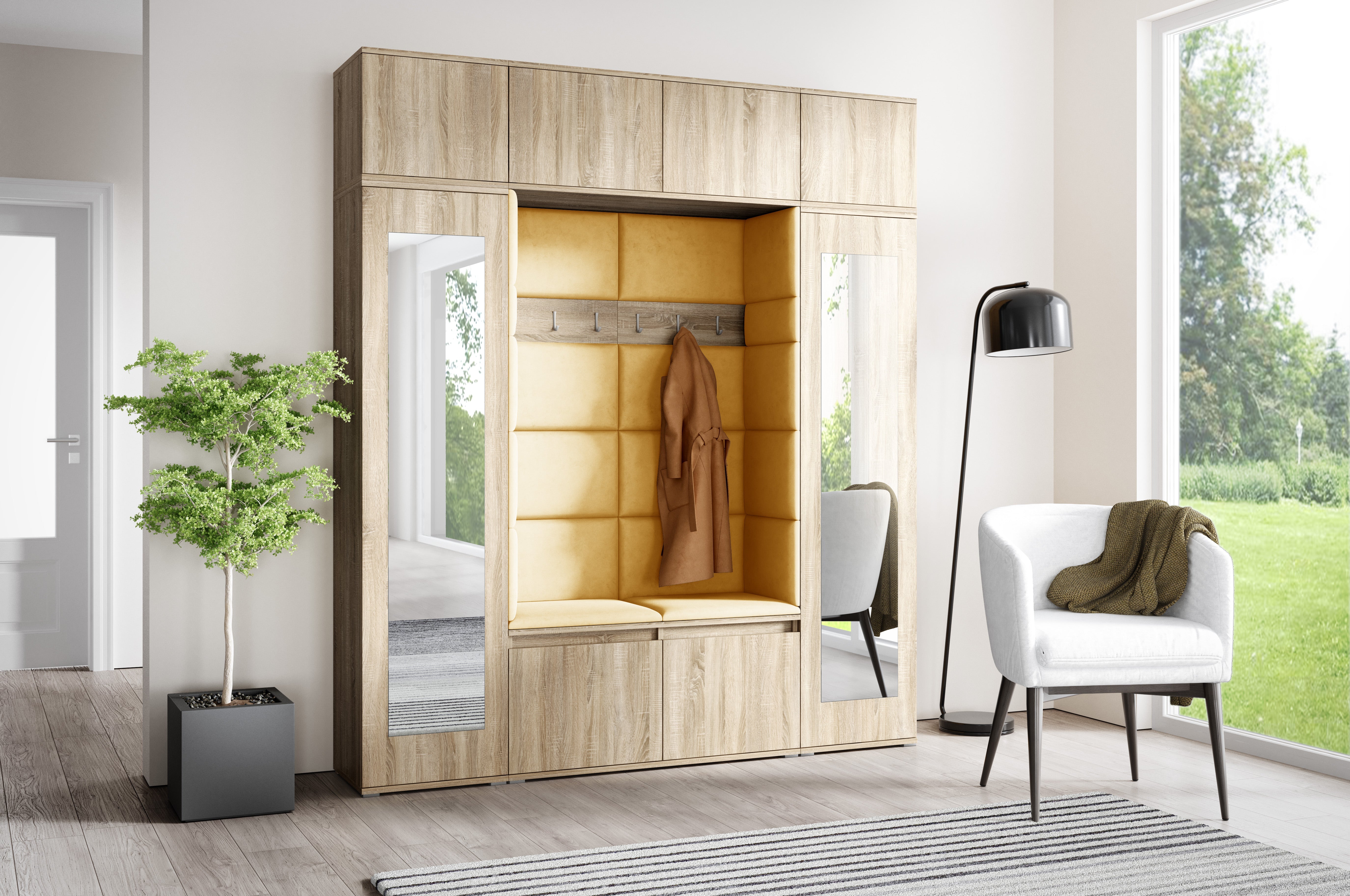 PK Emi 32 Hallway Wardrobe Sonoma Oak- Upholstered Panels in Various Colours