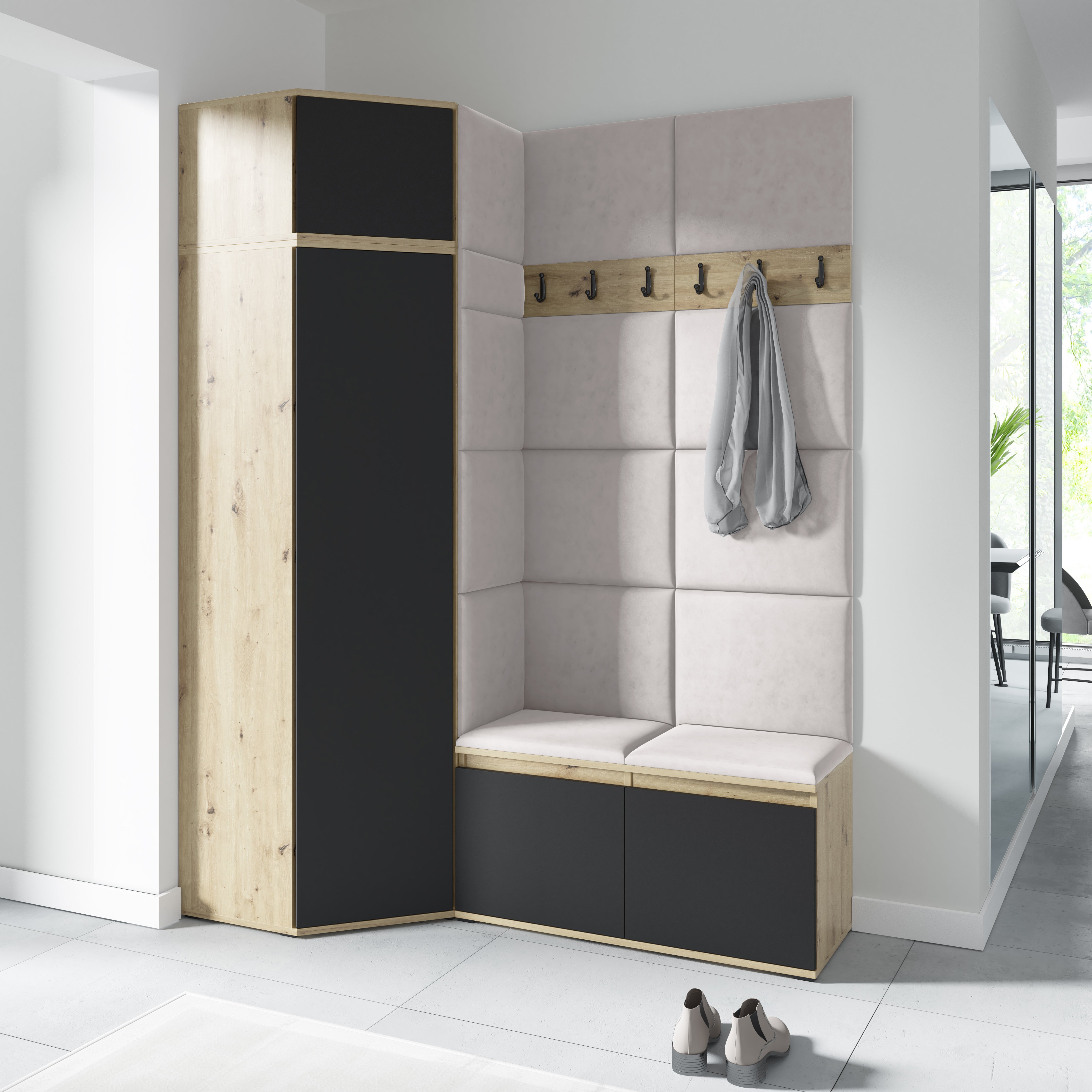 PK Emi 37 Hallway Wardrobe Aristan Oak\Black- Upholstered Panels in Various Colours