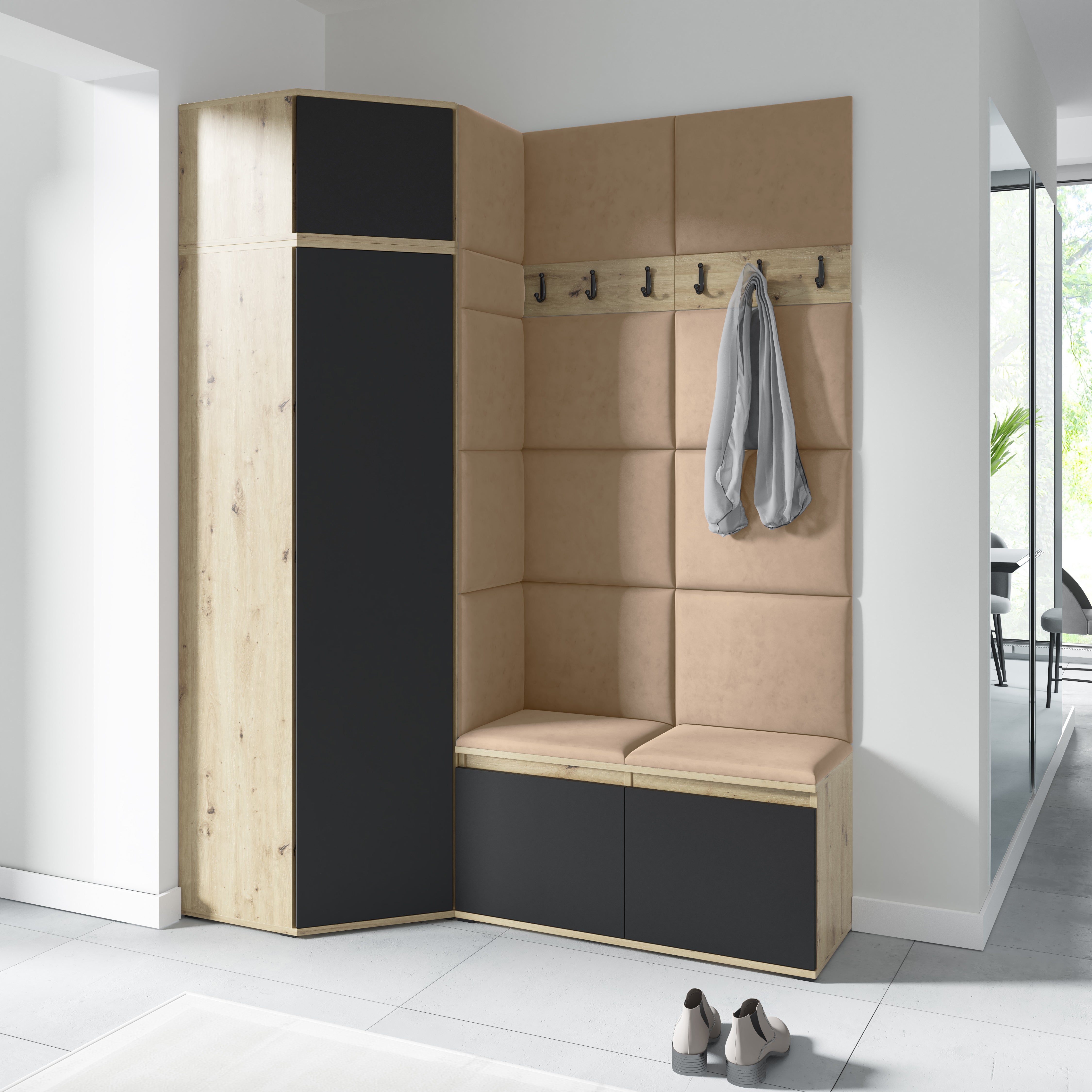 PK Emi 37 Hallway Wardrobe Aristan Oak\Black- Upholstered Panels in Various Colours